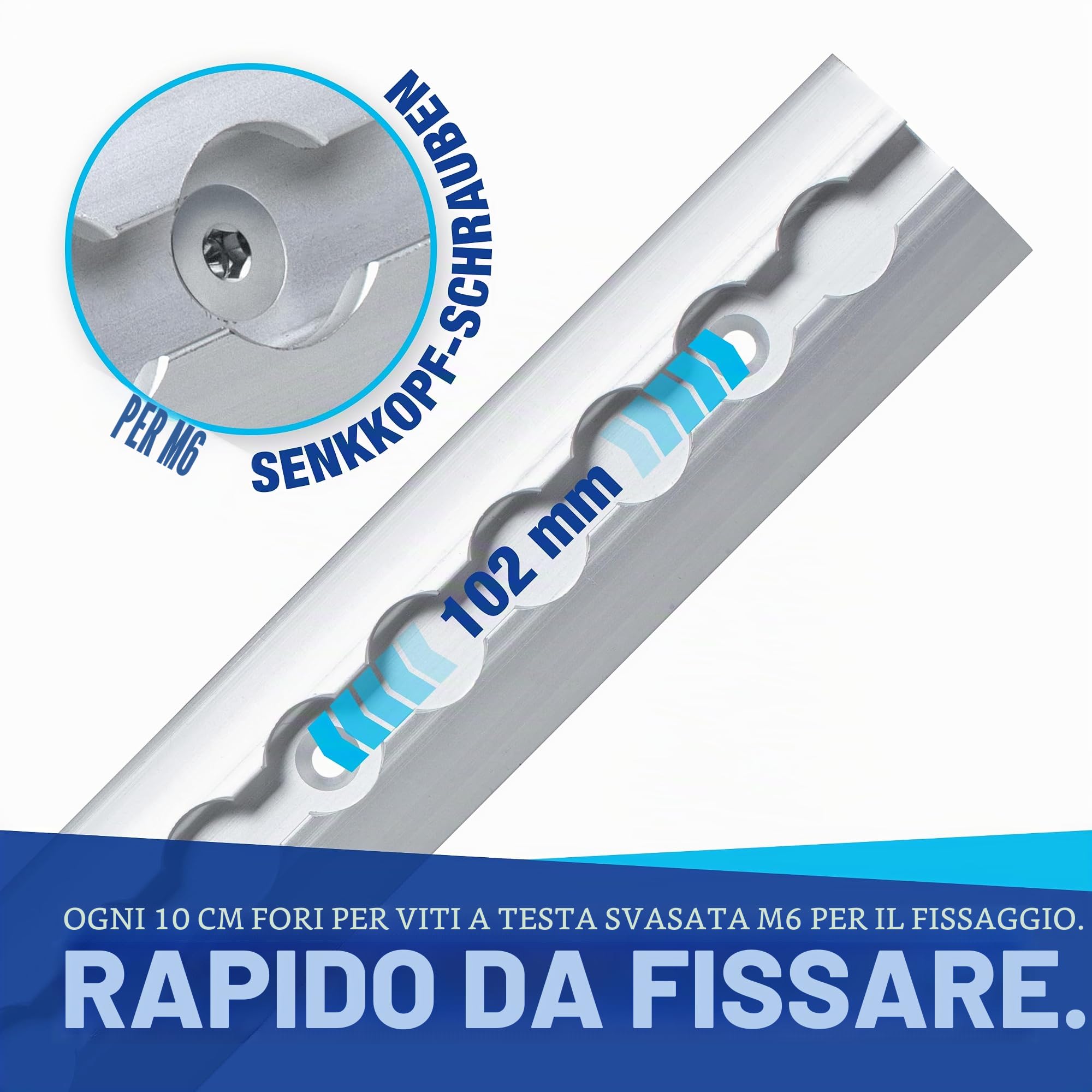 NTG 4 Pezzi Guida Aerea a Forma semicircolare in 2m + 20 Pezzi Raccordo Singolo + 8 Pezzi Tappo terminale in Set con Fori in Alluminio | anodizzato | 1975mm | Fissaggio del carico per Camion e Camper