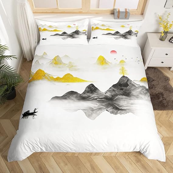 Mountain Painting Bed Linen Set, 135 x 200 cm, Natural Lake Boat Sun