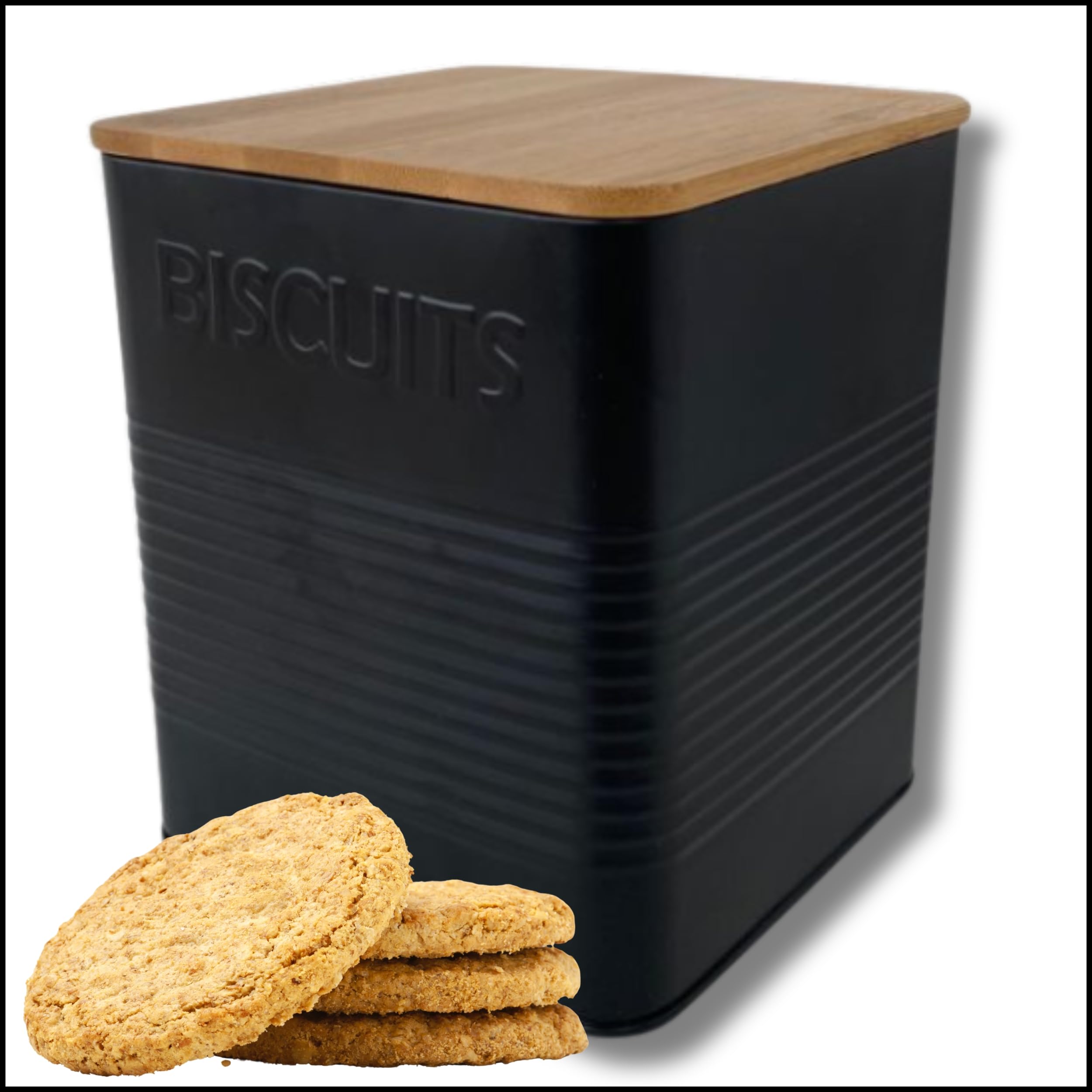 Evanmore Black Kitchen Storage Tins Bread Bin Biscuit Tin Tea Coffee Sugar Canisters Pasta Tin Box (Biscuit Tin)