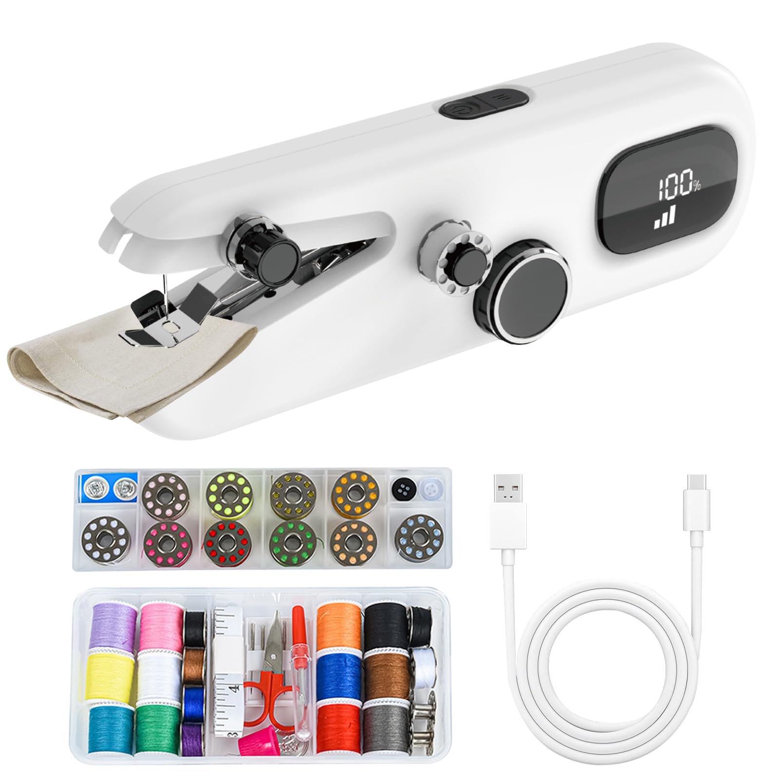 Mini Handheld Sewing Machine, with Digital Display, Rechargeable Mini Sewing Machine, 3-Speed Adjustable, Includes Accessories, Ideal for Clothing, Furniture, Home Goods & DIY Crafts