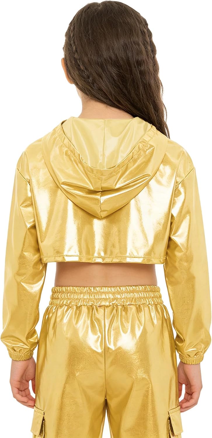 FEESHOW Kids Girls Metallic Jazz Hip Hop Dance Crop Tops Long Sleeve Cropped Hoodies Shiny Pullover Sweatshirt Club