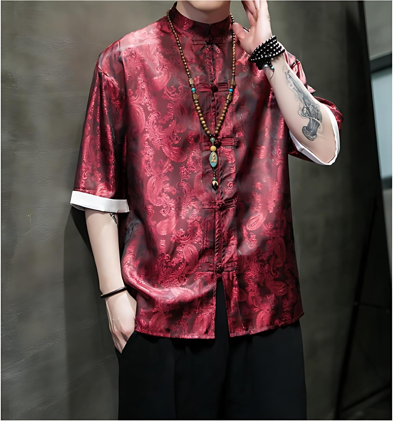 Men's Kung Fu Shirt,Traditional Chinese Hanfu Tang Suit Coat with Silk Printing,Half Sleeve Top for Casual Summer Outfits Wine Red