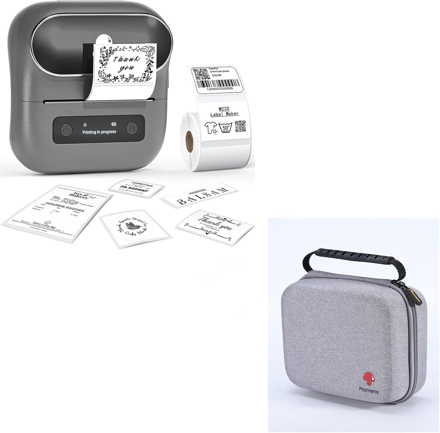 Phomemo M220 Label Maker + with 1 Case, 3.14 Inch Bluetooth Thermal Label Printer for Barcode, Address, Labeling, Mailing, File Folder Label, Easy to Use, Support Smartphone, Tablet&PC