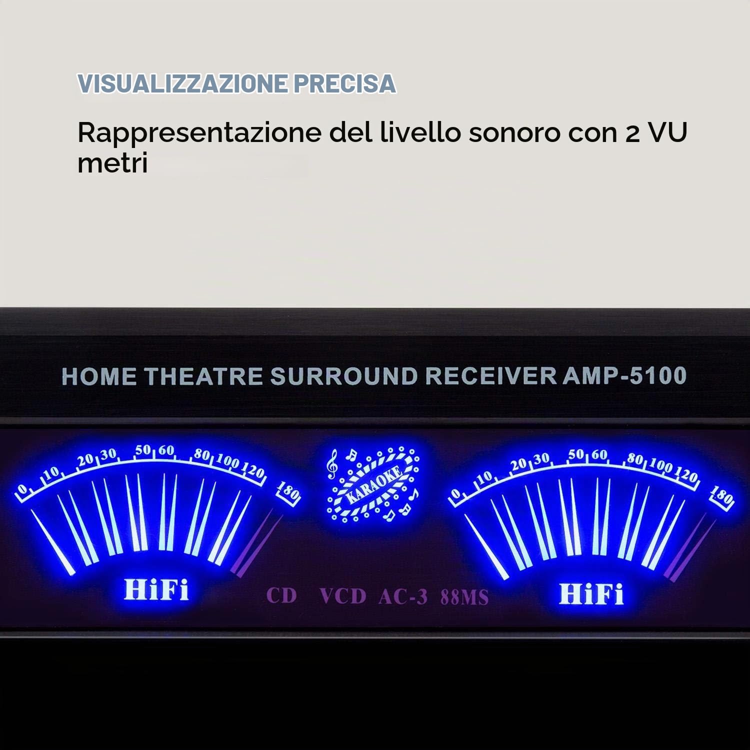 auna AMP 5100 BT 5.1 - Amplificatore, 2 x 120 Watt + 3 x 50 Watt RMS, Bluetooth, USB, SD, 2 Connessioni Microfono, Ingresso AUX, 2 VU-Meter, Nero