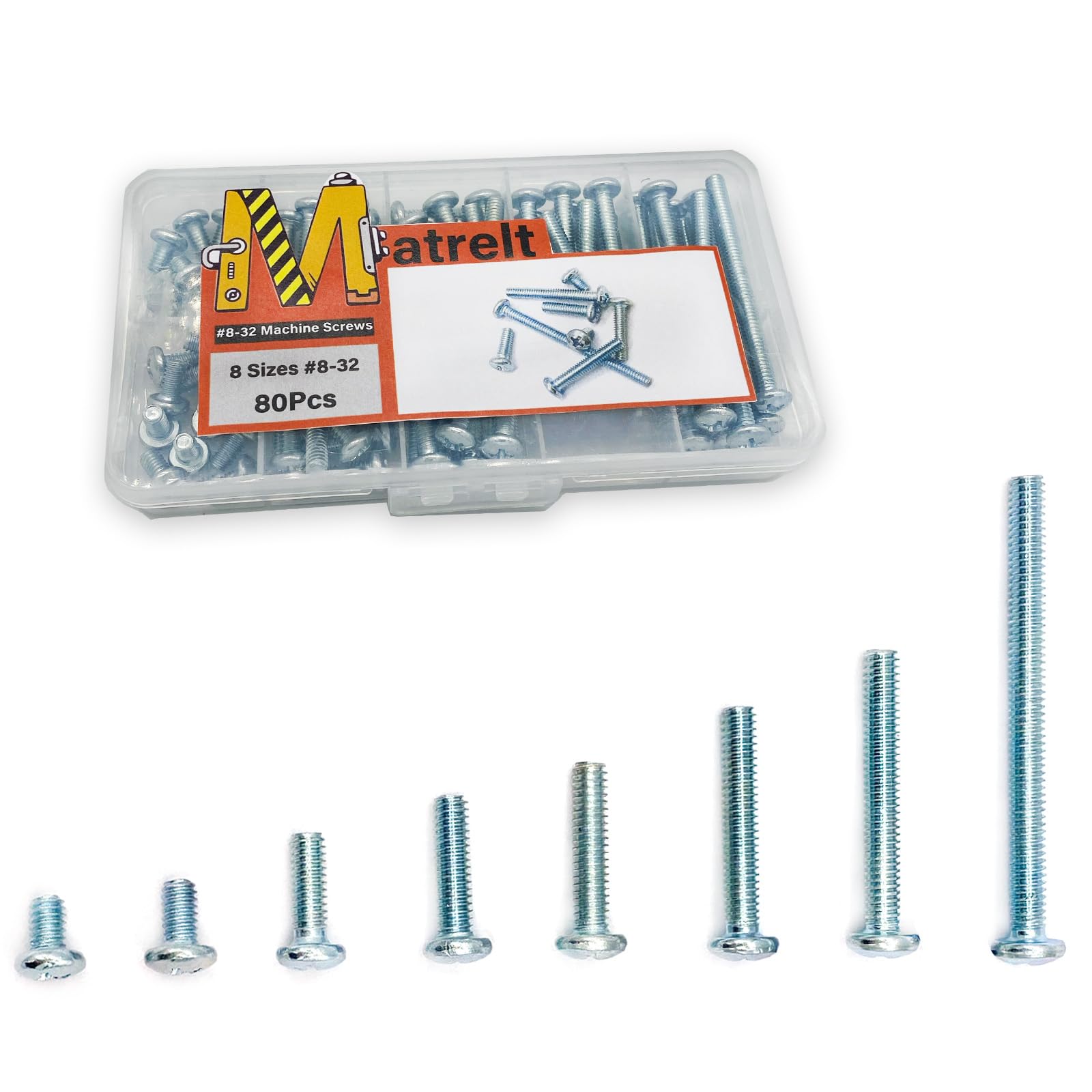 Matrelt 80 Pcs 8 Sizes #8-32 Machine Screws Knob Screws Cabinet Screws Electricians Screws, Carbon Steel Zinc-Plated Phillips Pan Head Machine Screws Assortment Kit