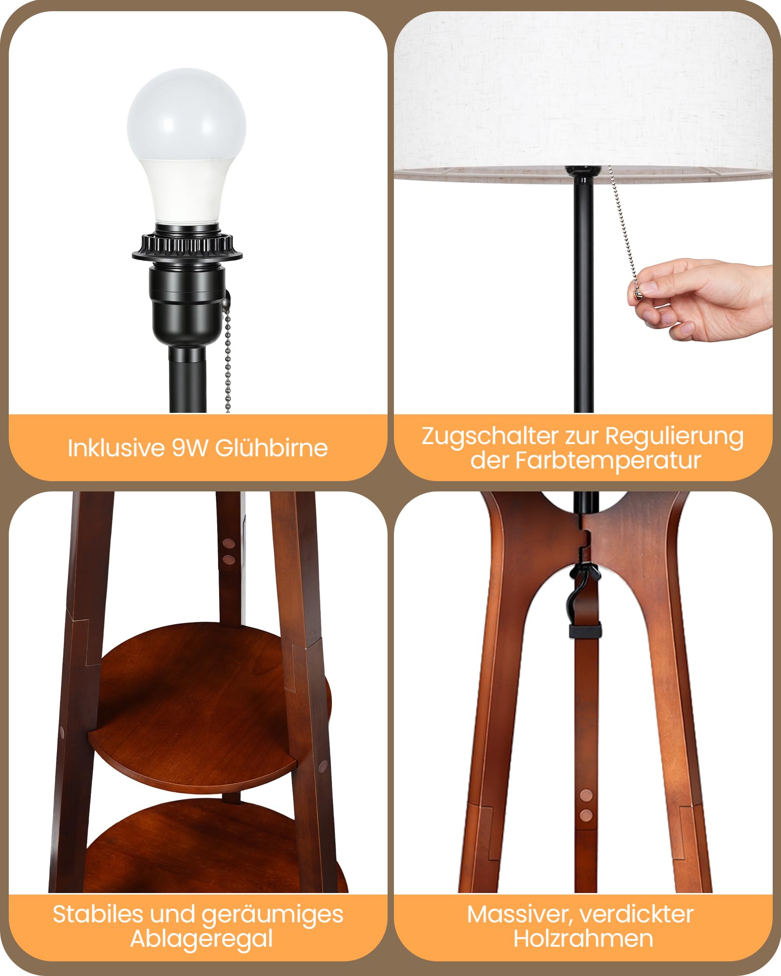 Stehlampe Dimmbar Dreibeinige Holz mit 3 Regalen, Holzstativ Stehleuchte mit 3 Farbtemperaturen für Wohnzimmer, Schlafzimmer, Arbeitszimmer, Beige und Dunkle Walnussfarbe, ZSTE25LDD05
