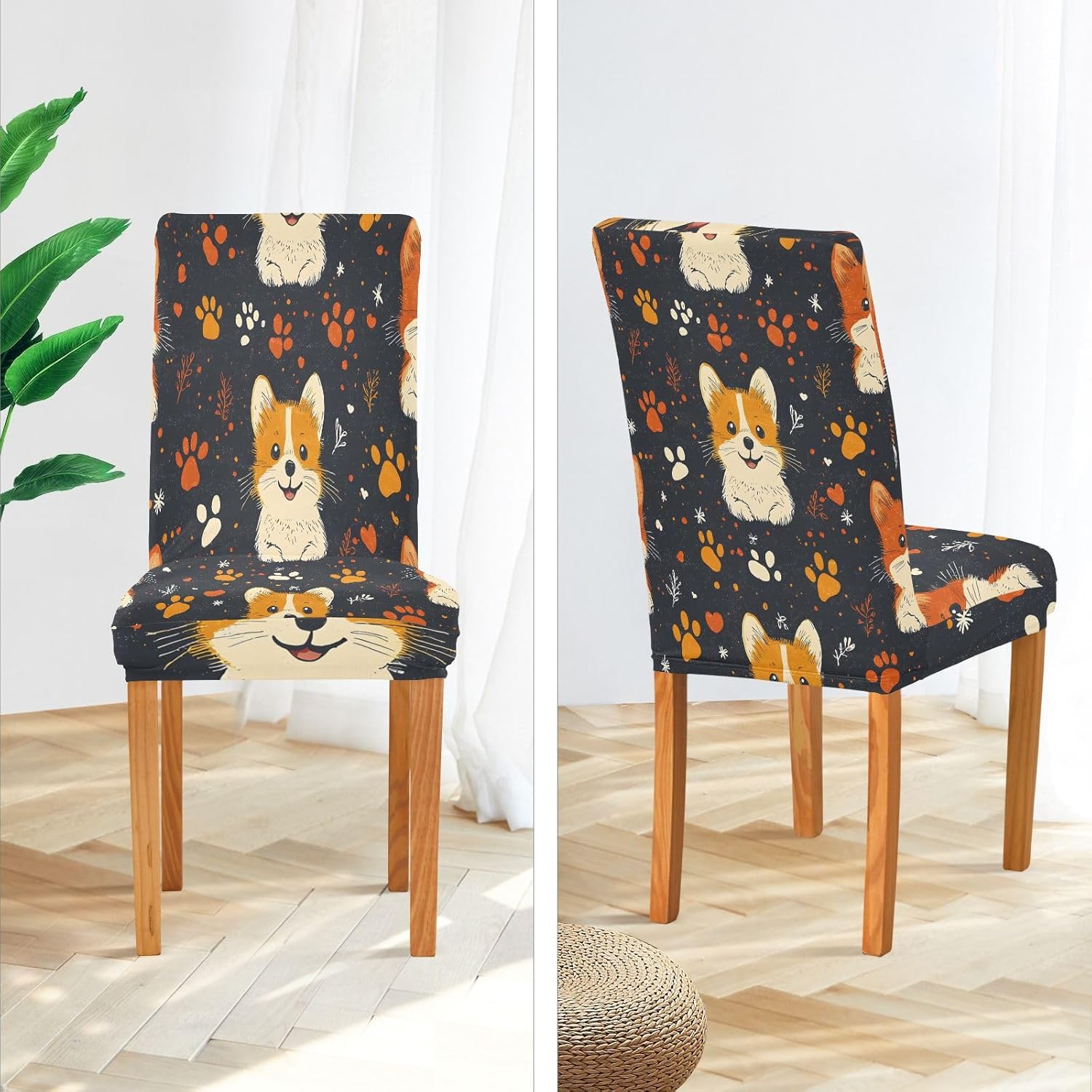 ALAZA Chair Covers for Dining Room, Corgi Paw Heart Pattern Stretch Chair Cover Sets Chair Protector Removable Washable for Ktichen Restaurant Hotel