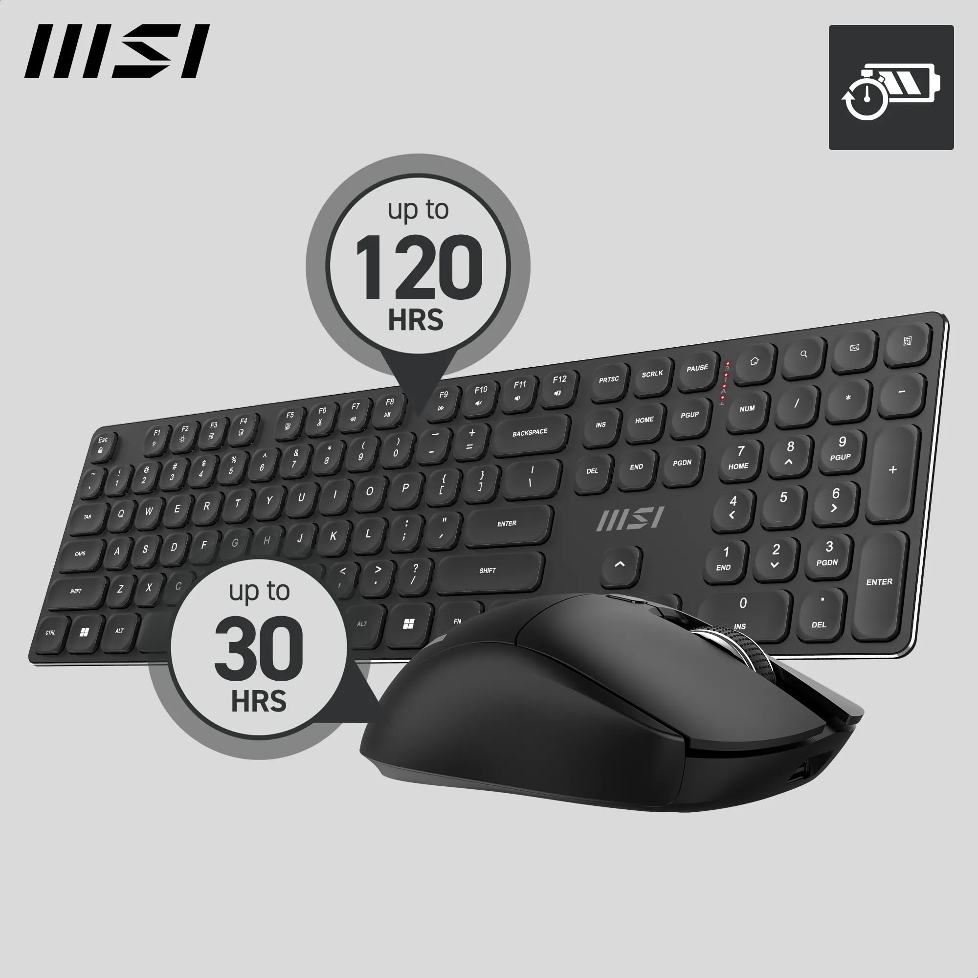 MSI FORGE K210 WIRELESS COMBO FR Ensemble Clavier + Souris sans fil bureautique - AZERTY, layout français, Scissor Switches, Low-Profile, 2,4 GHz,120 h, rechargeable, USB 2.0 - Souris optique 1600 DPI