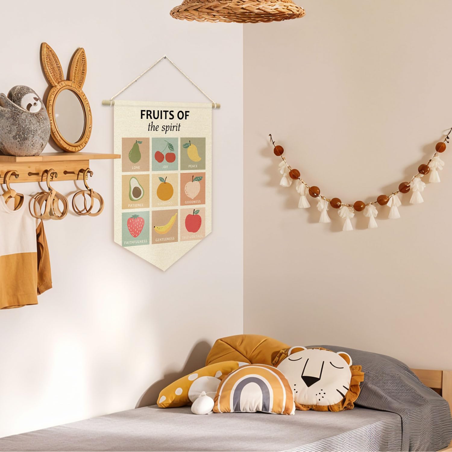 CEBTHN Fruit of the Spirit Christian Wall Hanging Pennant Banner Flags, Inspirational Bible Verses Canvas Wall Banner for Home Kids Room Church Classroom Sunday School Preschool Homeschool Decor