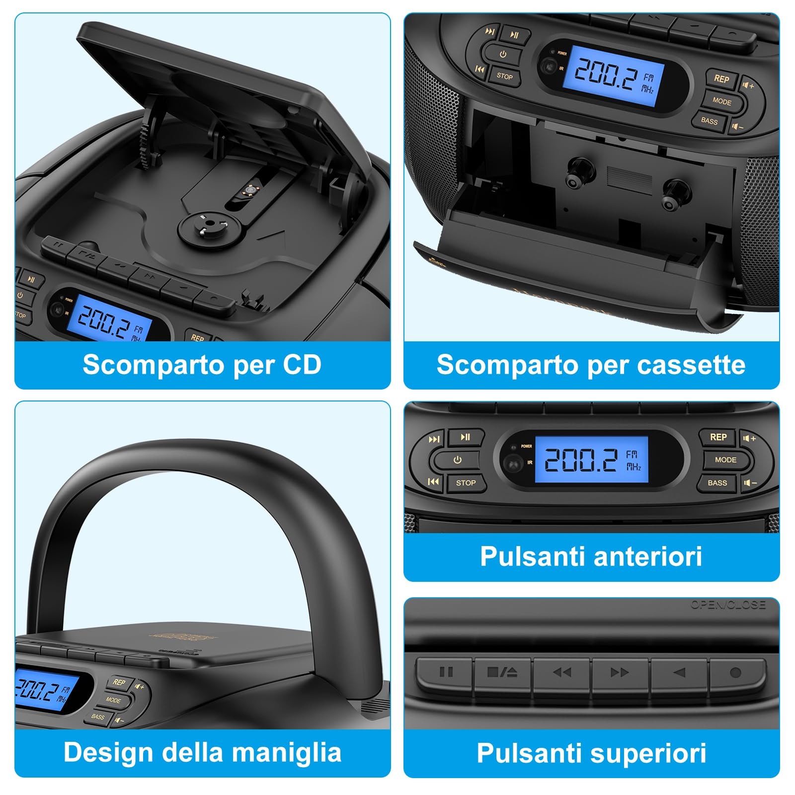 Lettore CD con Cassette, Radio FM Portatile, Lettore CD super basso Boombox con Bluetooth, Altoparlanti Stereo Incorporati, supporto AUX-In, Riproduzione USB, Uscita per cuffia