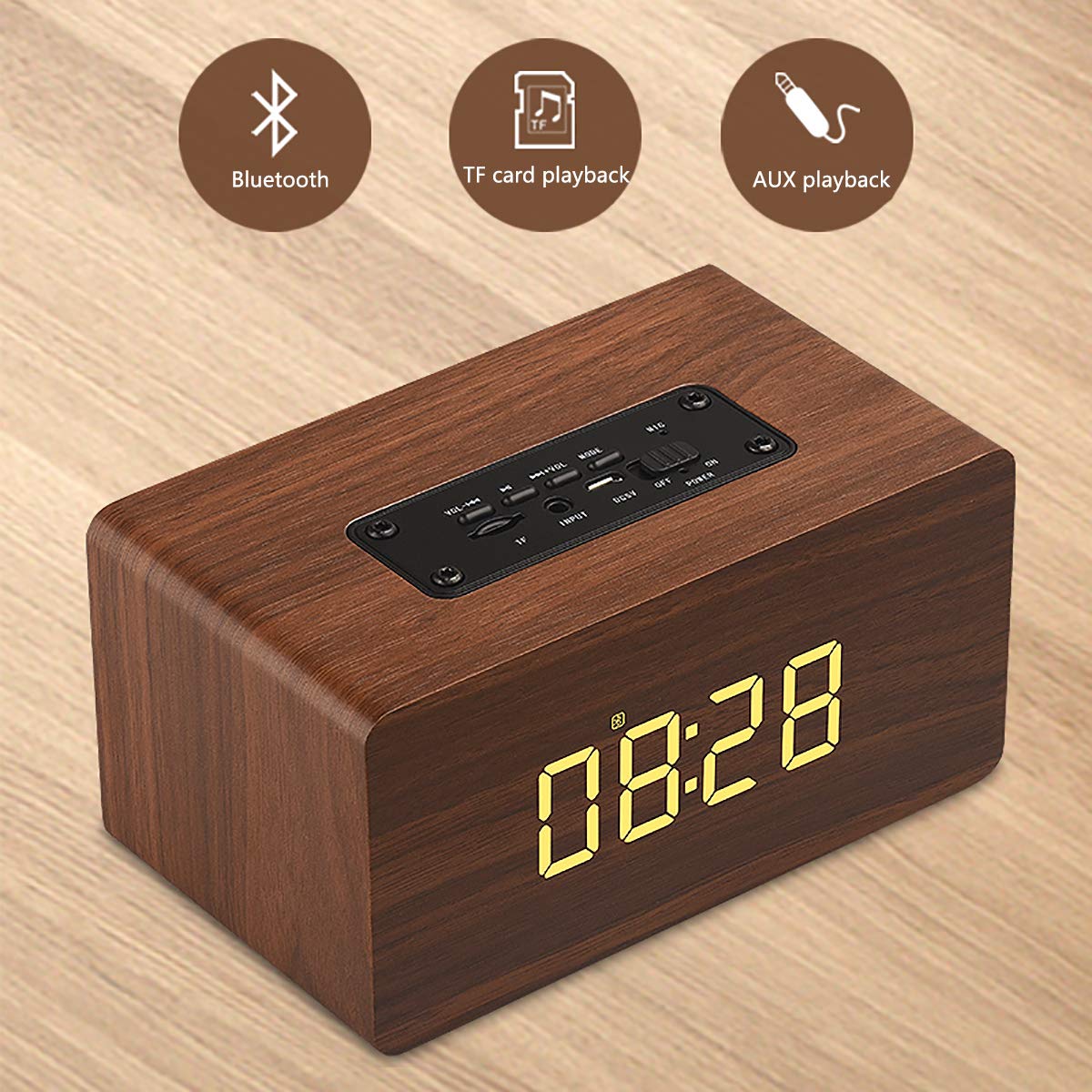 Bluetooth Speaker, Orologio con Sveglia, Legno High-End, ad Alta Definizione Bass, Radio FM, Microfono Incorporato, Riproduzione Carta di TF, LED Iarge Screen Display,Brown-OneSize
