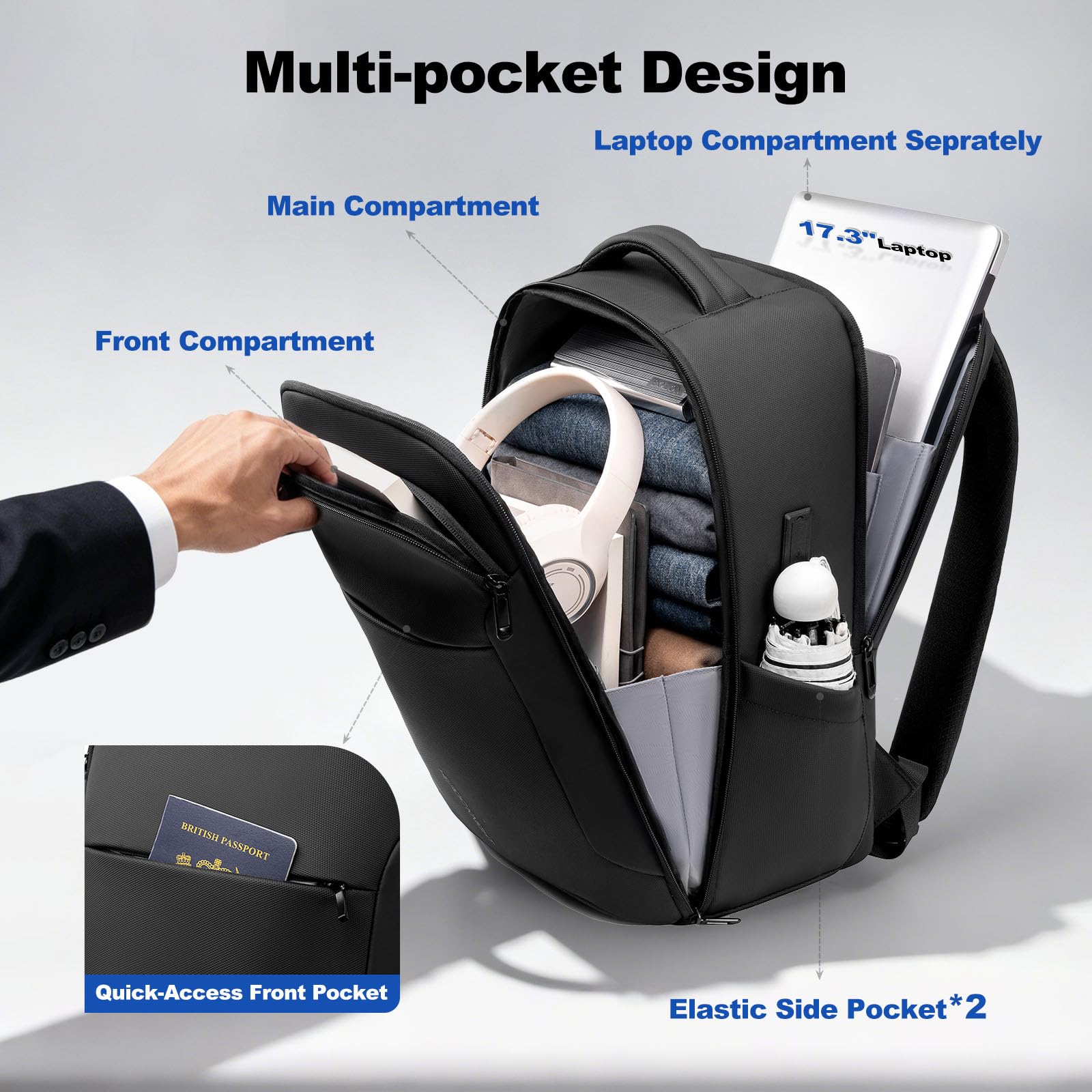 30L Zaino Viaggio Cabina Aereo 40x30x20 per 17.3''Laptop | Zaino Business Uomo con USB A&C, Zaino Porta PC Computer Impermeabile Antifurto per Lavoro Ufficio Università, Nero