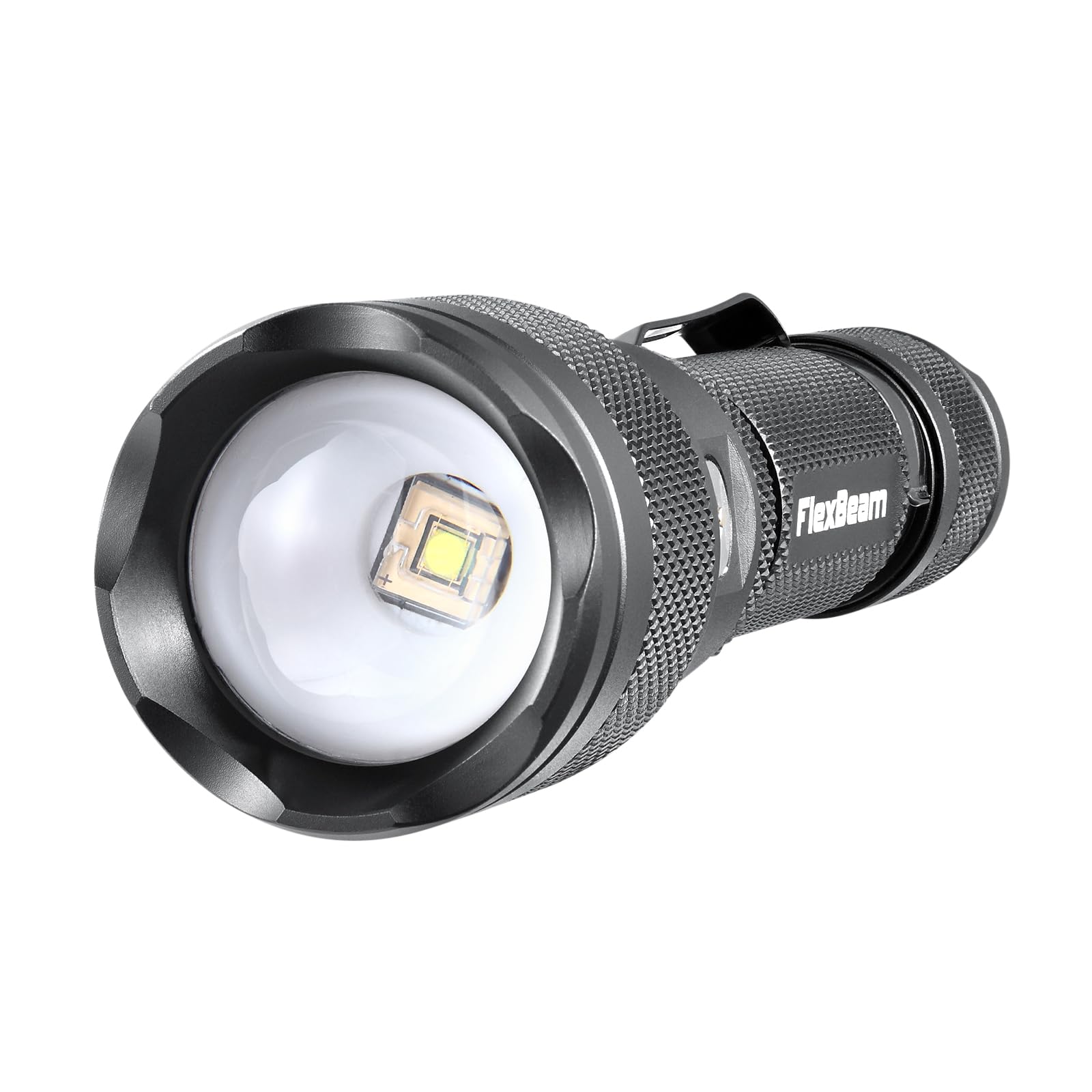 PowerTac FLEXB, torcia elettrica a LED da 1200 lumen, fascio regolabile all'infinito, tattica, ricaricabile, da caccia, resistente all'acqua, portata di 700 m, garanzia limitata