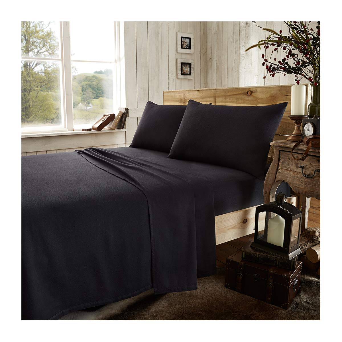 Gc Gaveno Cavailia Black Gaveno Cavailia Luxury Brushed 100% Cotton Plain Dyed Flannel Sheet Set, [ King - ]