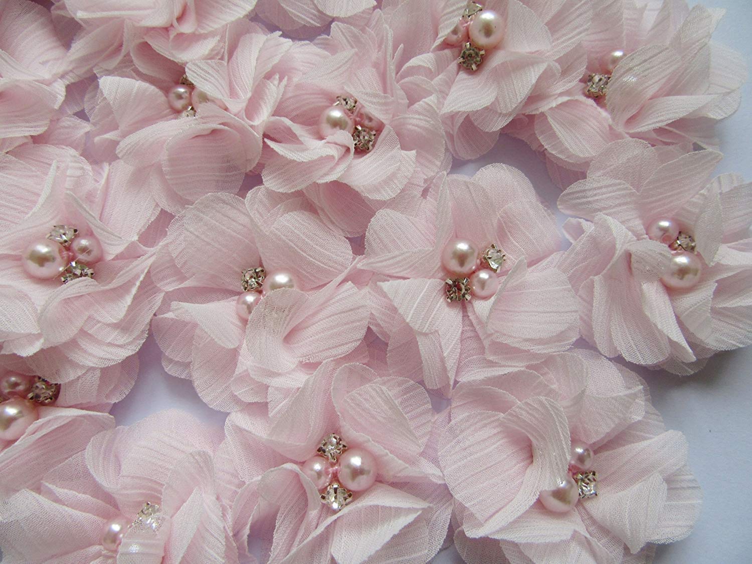 YYCRAFT 15 Pieces Sewn Wrinkle Chiffon Flowers - 3 Inch Off White Rhinestone Embellishments For Wedding Crafts - View #2