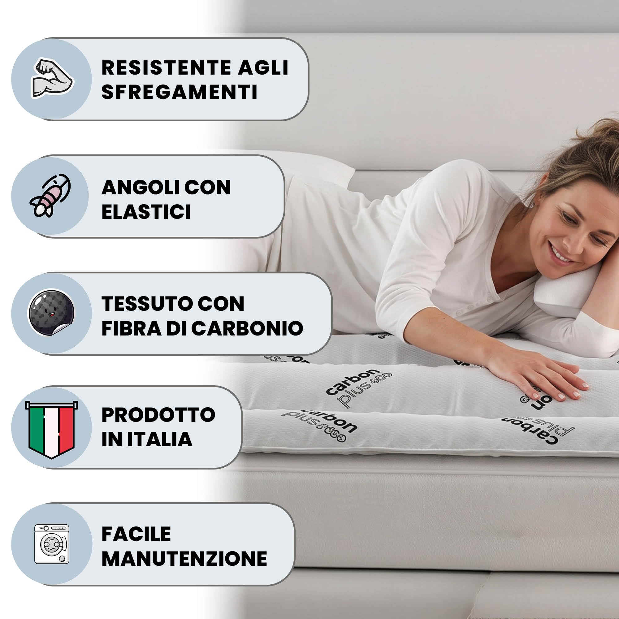 MB Home Italy Topper Acolchado con elásticos, Carbono, Individual 85 x 195 cm