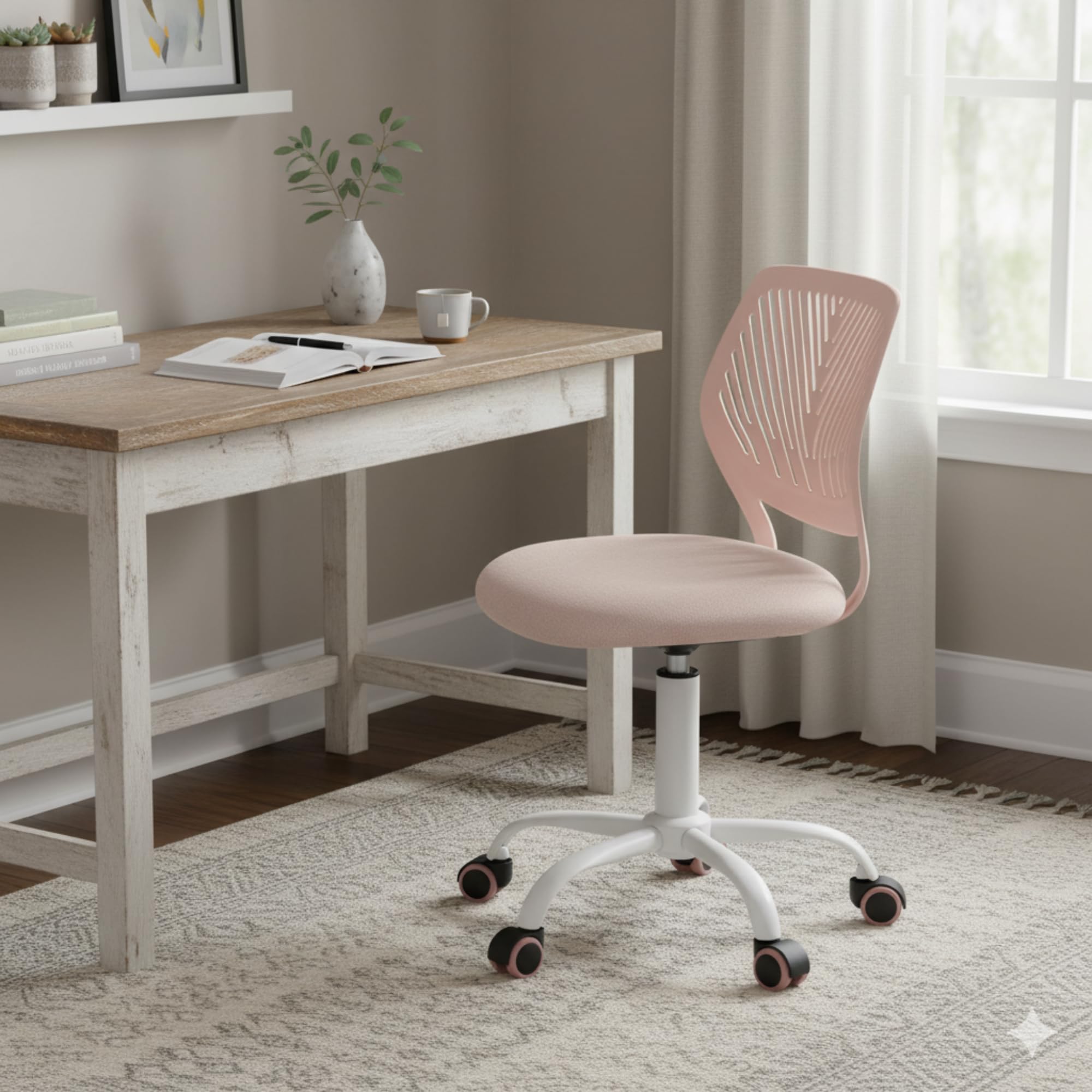 Homy Casa - Silla de escritorio de tela ergonómica giratoria sin reposabrazos, altura ajustable, silla de oficina en casa para niños y adolescentes, rosa Morandi