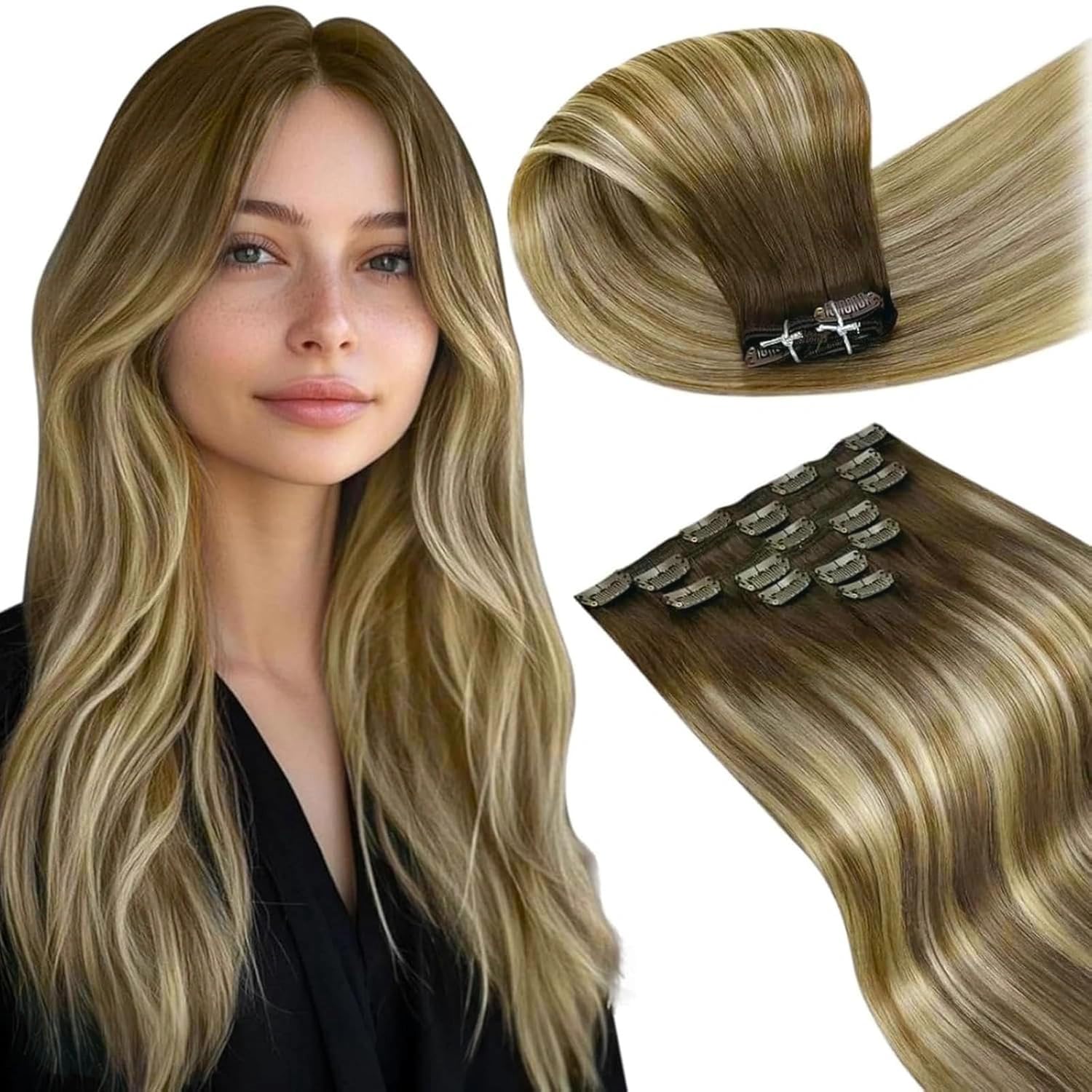 LaaVoo Ombre Clip in Extensions Echthaar Haarverlängerung Remy Echthaar Clip in Extensions Balayage Braun zu Hellbraun und Hellblond #3/8/24 45 cm 7PCS 120g Seidig Weich