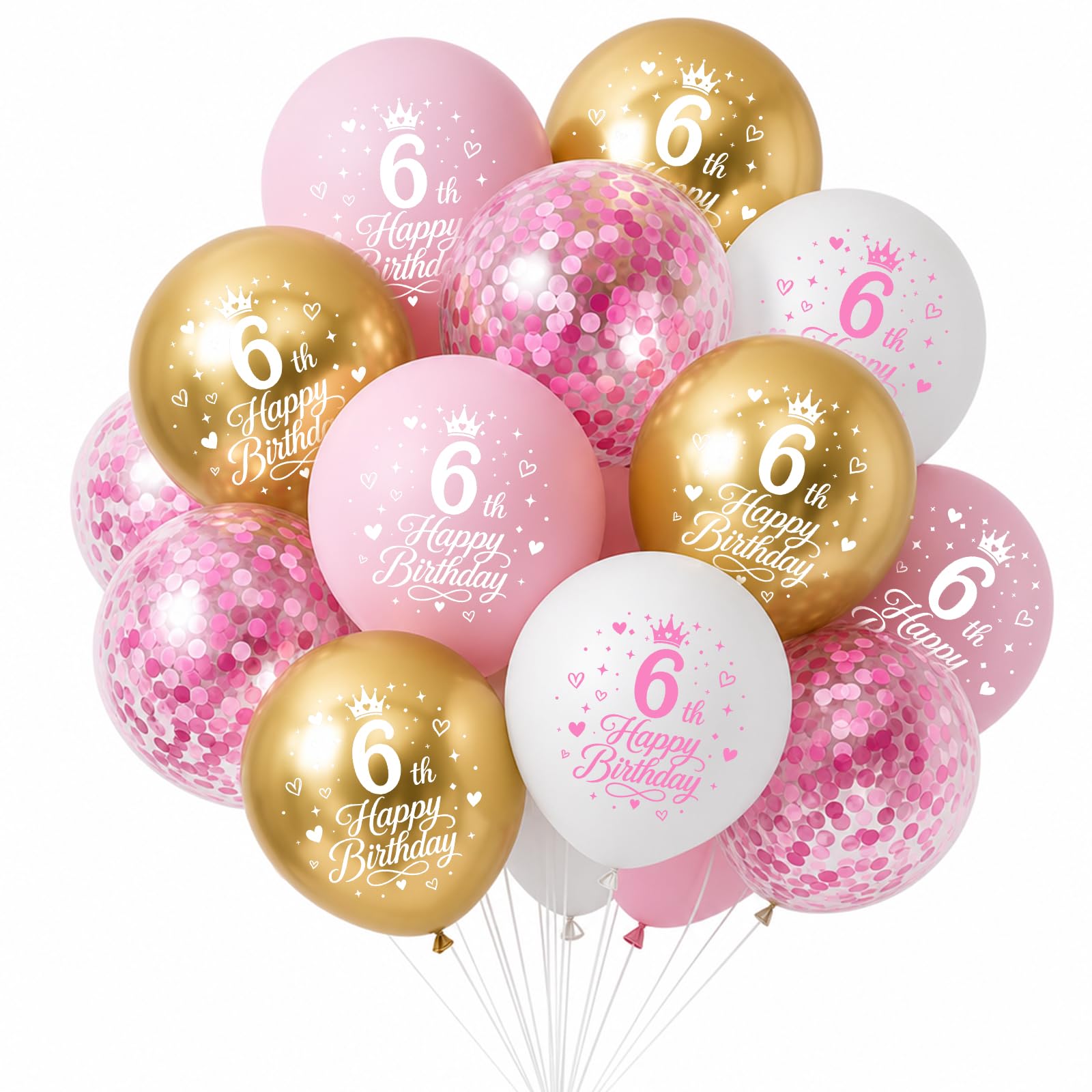 Geukmun 20Pcs 6th Birthday Decorations 6th Birthday Balloons for Girls 12 Inch Pink Confetti White Pink and Gold Balloons Number 6 Balloons for Birthday Party Supplies