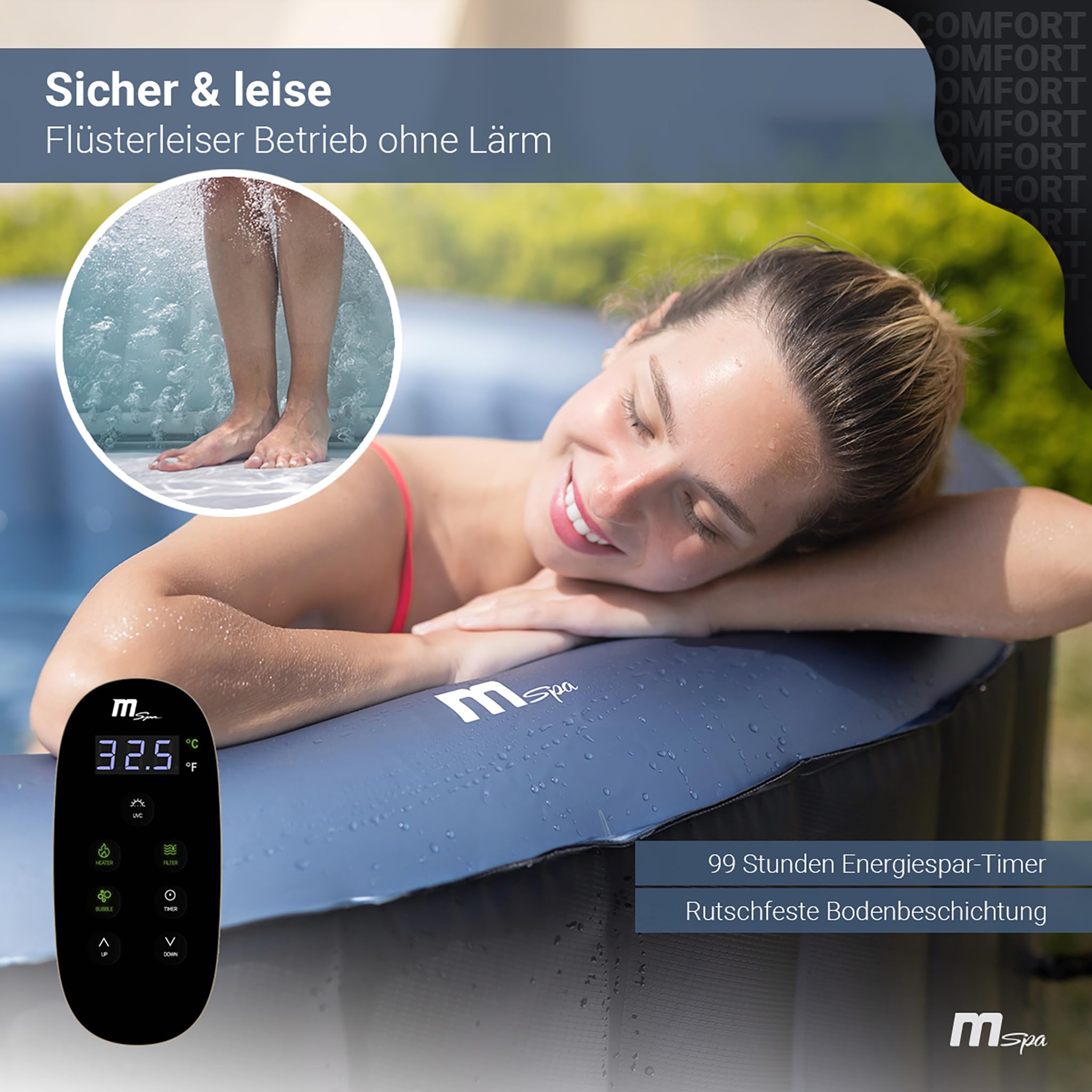 Miweba MSpa Whirlpool Outdoor Bergen | 6 Personen Pool - Spa ⌀ 204.0 cm - Hot Tub - Aufstellpool mit Fernbedienung - Aufblasbarer Whirlpool - Swimmingpool aufblasbar - 138 Düsen - 1429 Liter (6 Pers.)