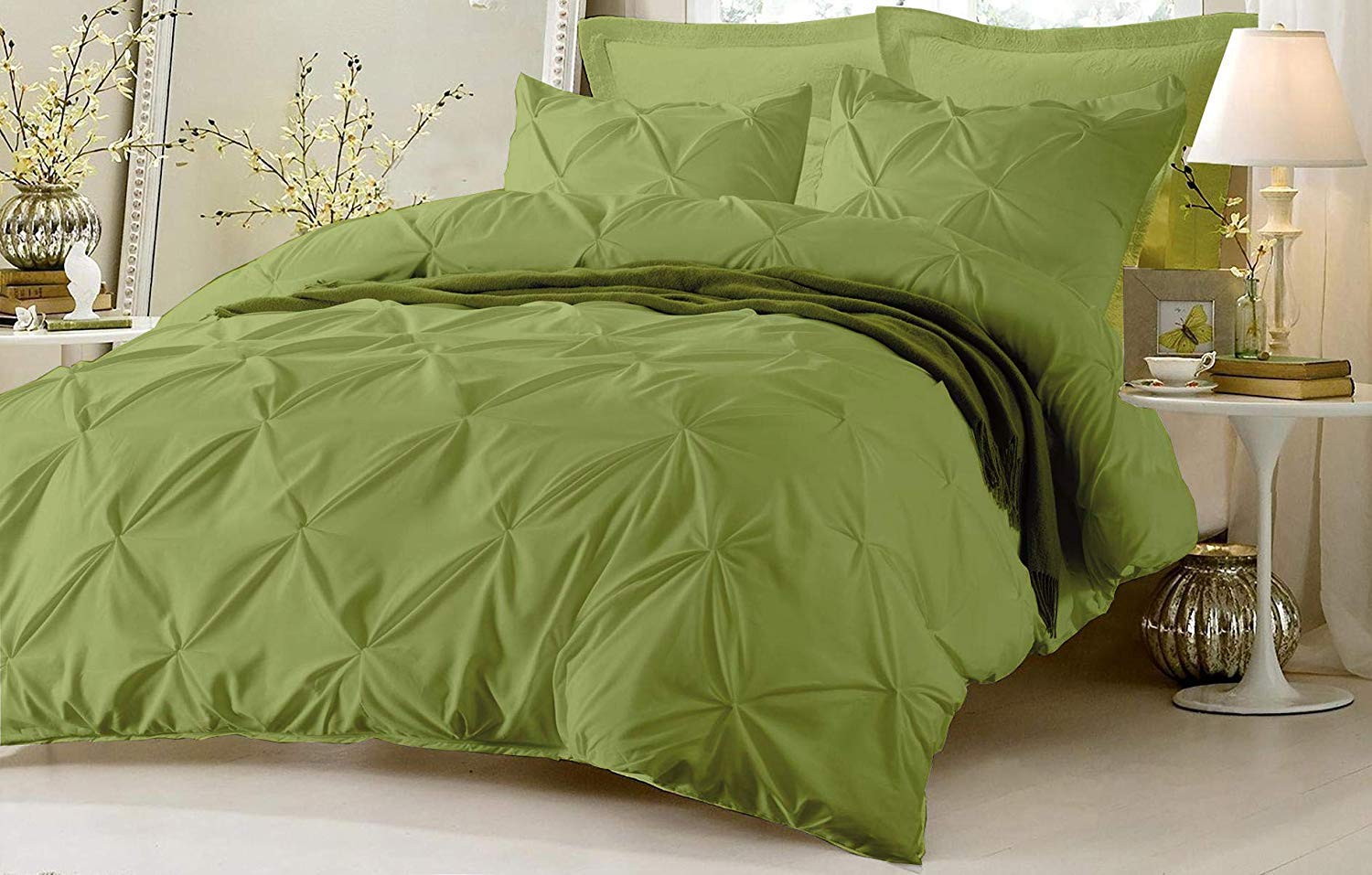 Kanak Bedding 3 Piece Bedding Duvet Cover Set Luxurious Pinch Pleated Duvet Cover with Zipper Closure,Egyption Cotton Pintuck Duvet Cover Set,Oversize(Olive)-image-15