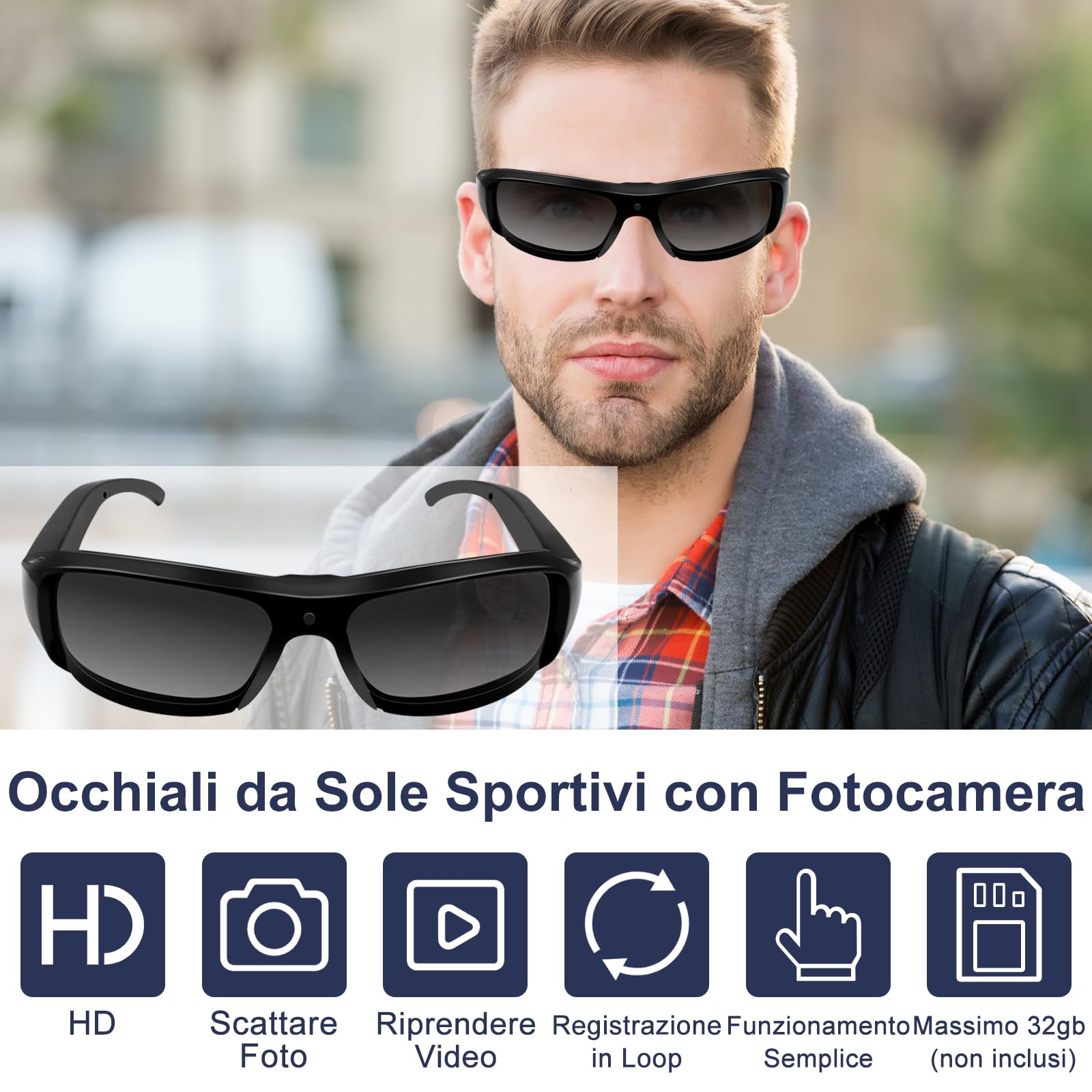 Occhiali da Sole con Telecamera Nascosta, Videocamera Sportiva HD 1080P | Mini Telecamera Spia nascosta, Videocamera da Occhiali per Ciclismo/Escursionismo, Registrazione in Loop