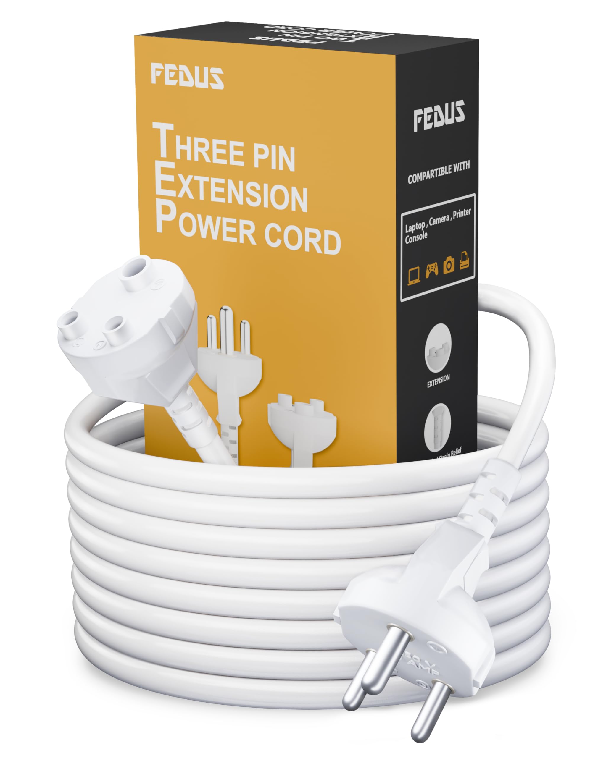 FEDUS Long 18AWG Heavy Duty Male to Female 3 Pin Power Extension Cord Wire, 10amp Indoor Outdoor Power Extension Electrical Extender Power Cable for appliances, Electronics, and Tools 3 Meter White