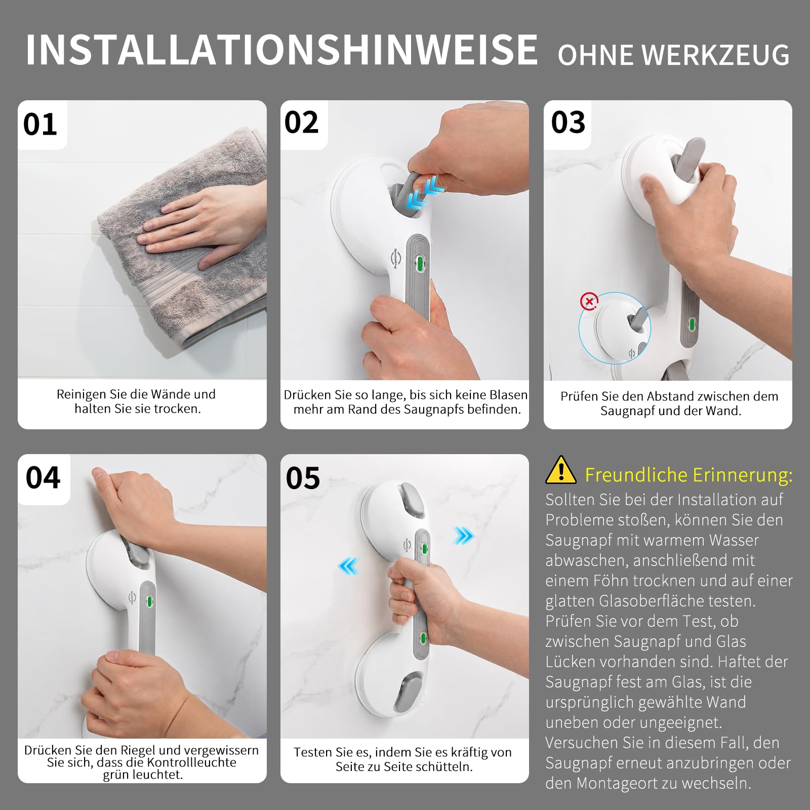 Newthinking Poignée Ventouse et Sécurité Salle de Bain, 30 cm, 2 pièces | Barre d'appui douche ventouse, antidérapant, indicateur succion, Barre WC, pour personnes âgées, handicapés, enfants