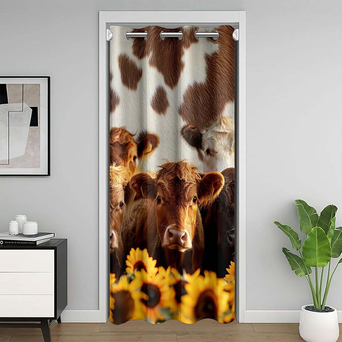 jejeloiu Highland Cattle Door Curtain for Doorway Privacy 1 Panel, 42"x80" for Kids Boys Girls Teens Farmhouse 30%-50% Blackout Curtain Floral Window