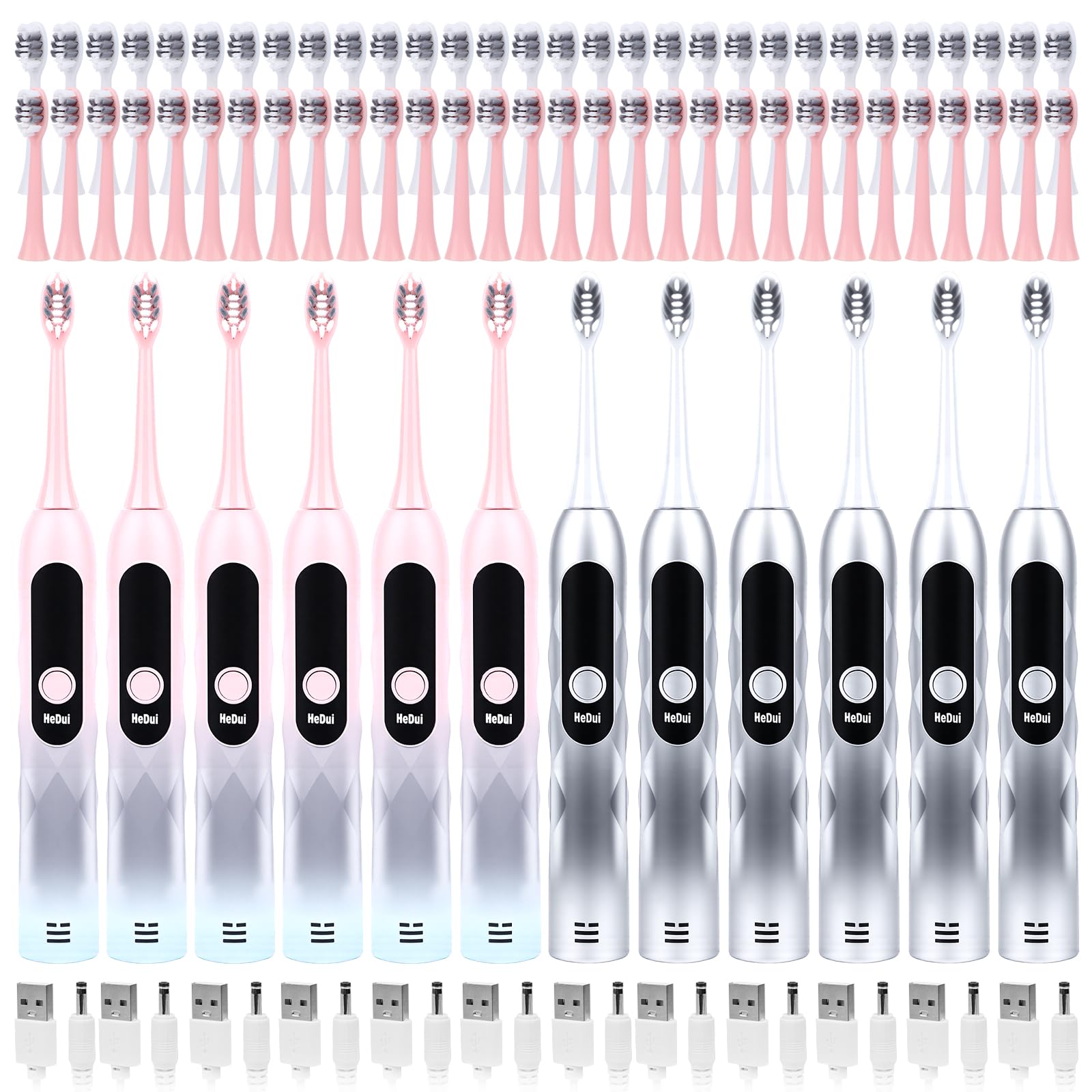 Confezione da 12 spazzolini elettrici per adulti Spazzolino sonico ricaricabile 5 modalità Setole morbide Durata della batteria 60 giorni Timer intelligente impermeabile rosa e argento