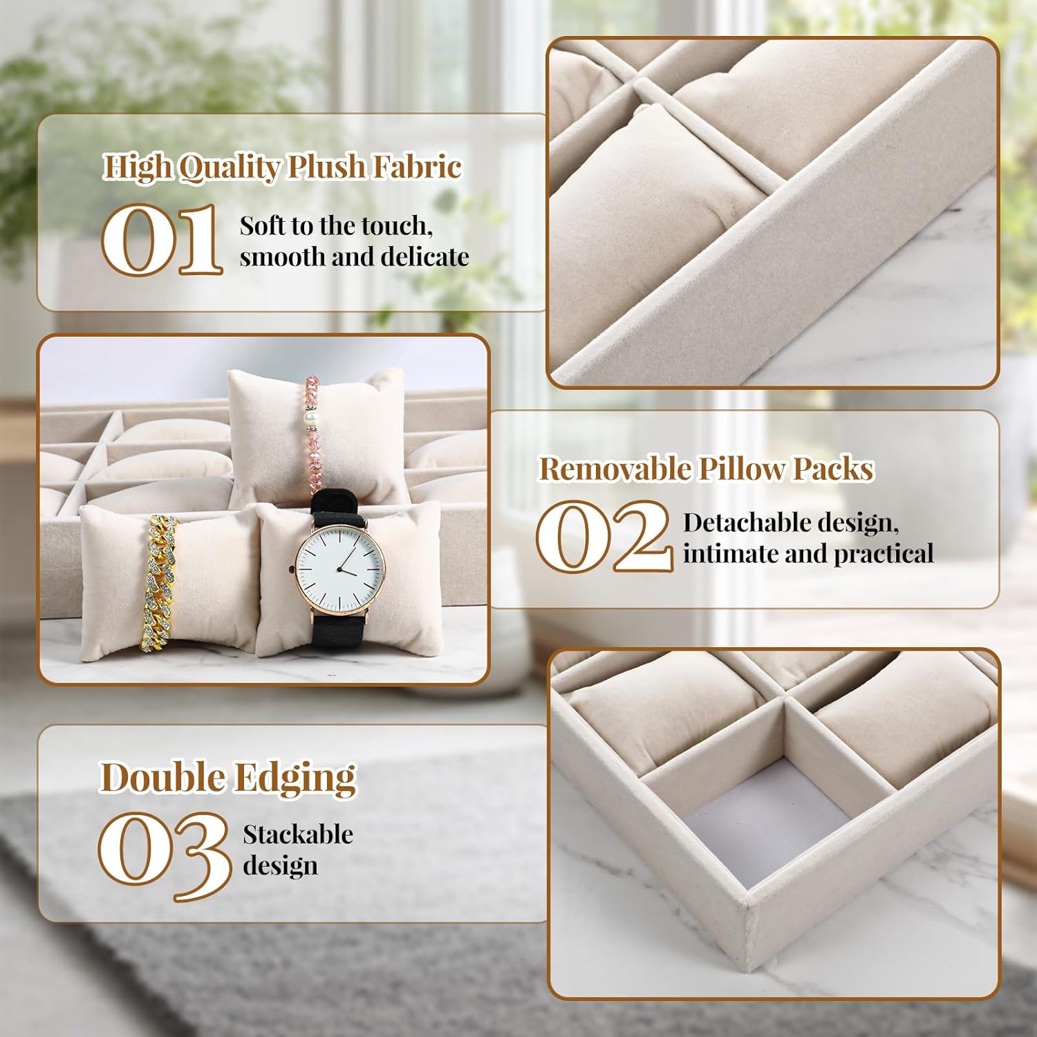 2 Pcs Beige Velvet Jewelry Organizer Watch Tray Box 12 Grid Stackable Bracelet Organizer with Adjustable Pillows for Men Women, Home Store Show