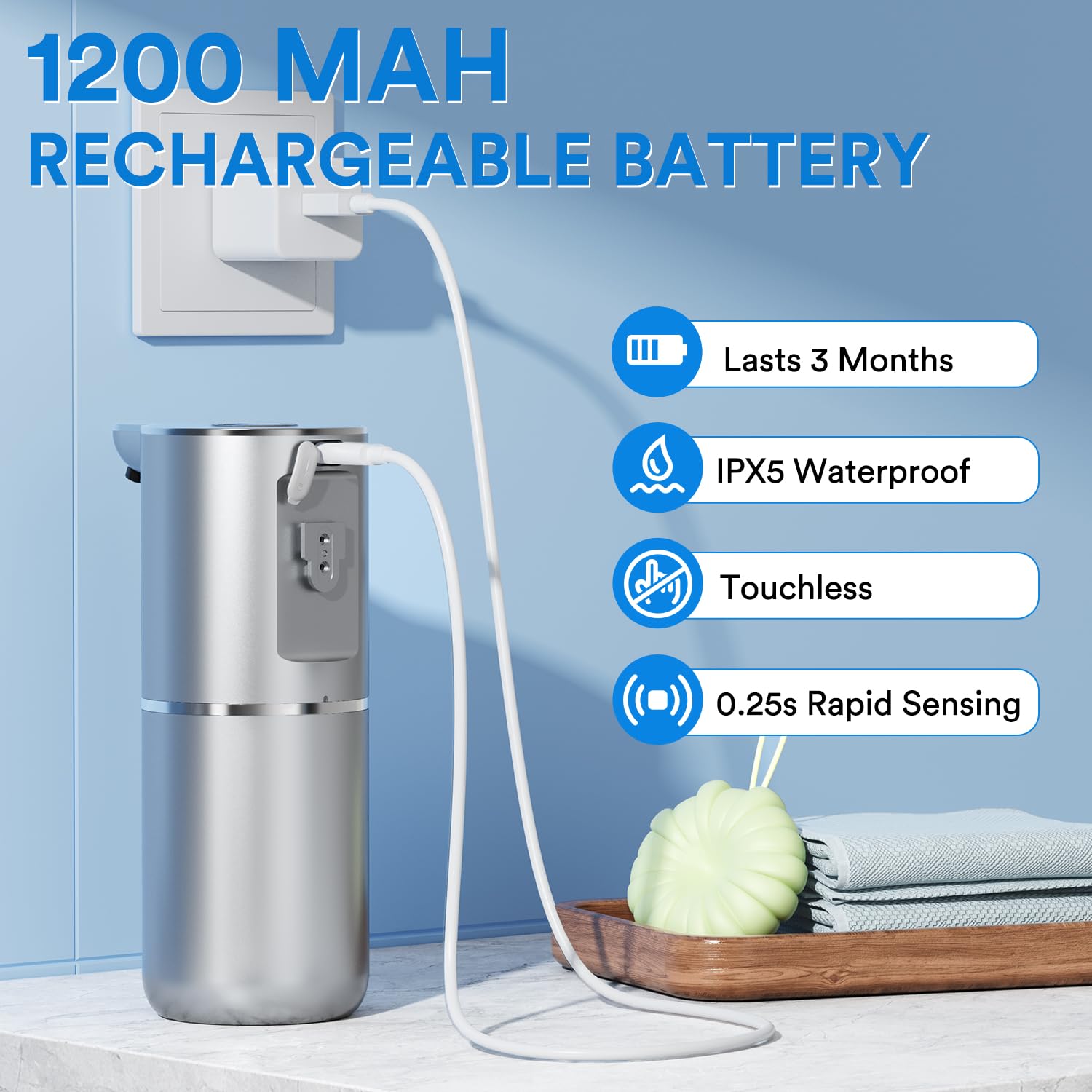 Distributeur de savon automatique avec affichage numérique - 380 ml - Distributeur de savon électrique avec capteur - Montage mural - Sans contact - Rechargeable par USB - Étanche IPX5 - Pour salle de