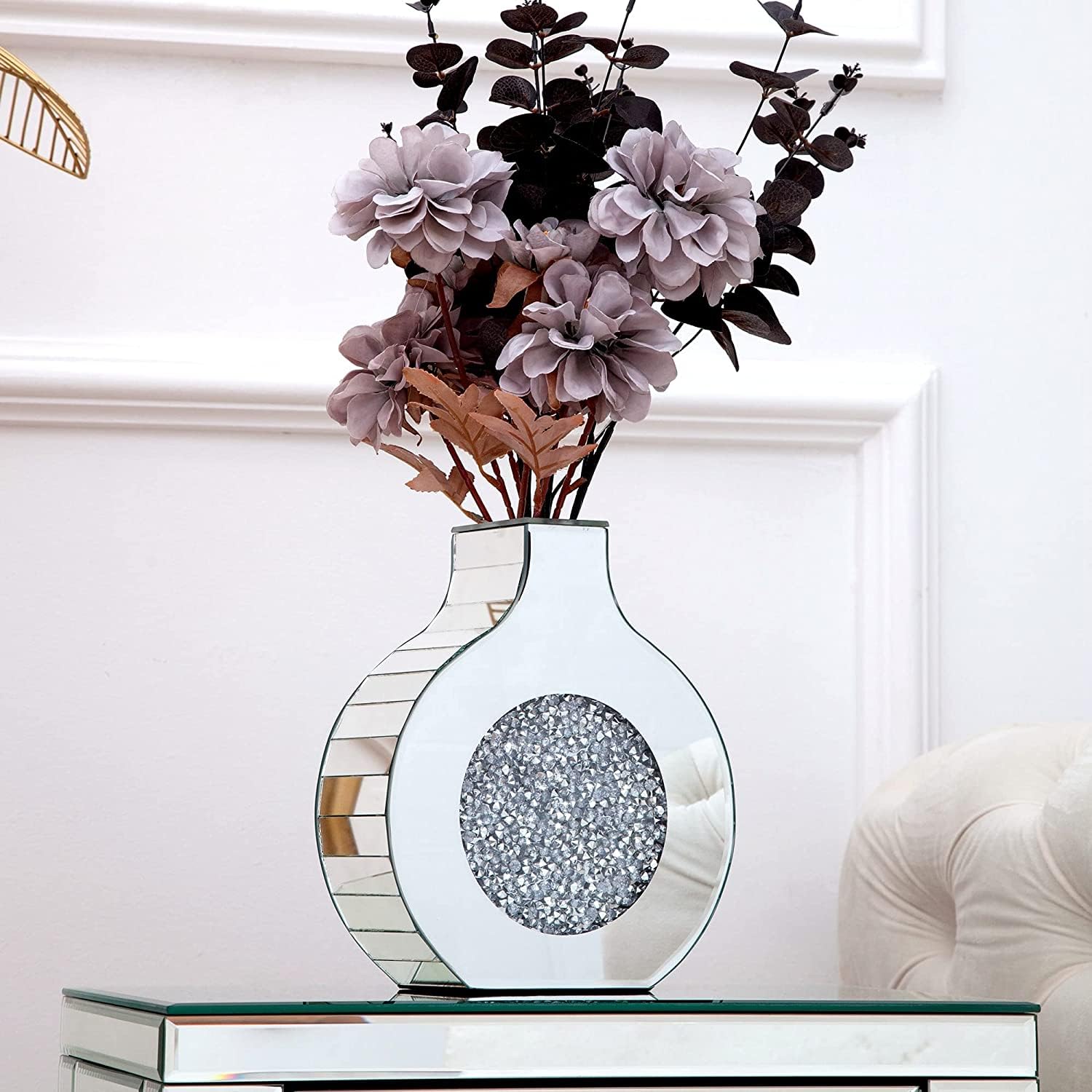 Jarrón Decorativo con Espejo de Plata, Jarrón de Diamantes de Lujo, Se Puede Insertar con Flores Secas Y Pampas Grass, Se Puede Usar como Sala De Estar, Decoración De Oficina, Altura 23 cm