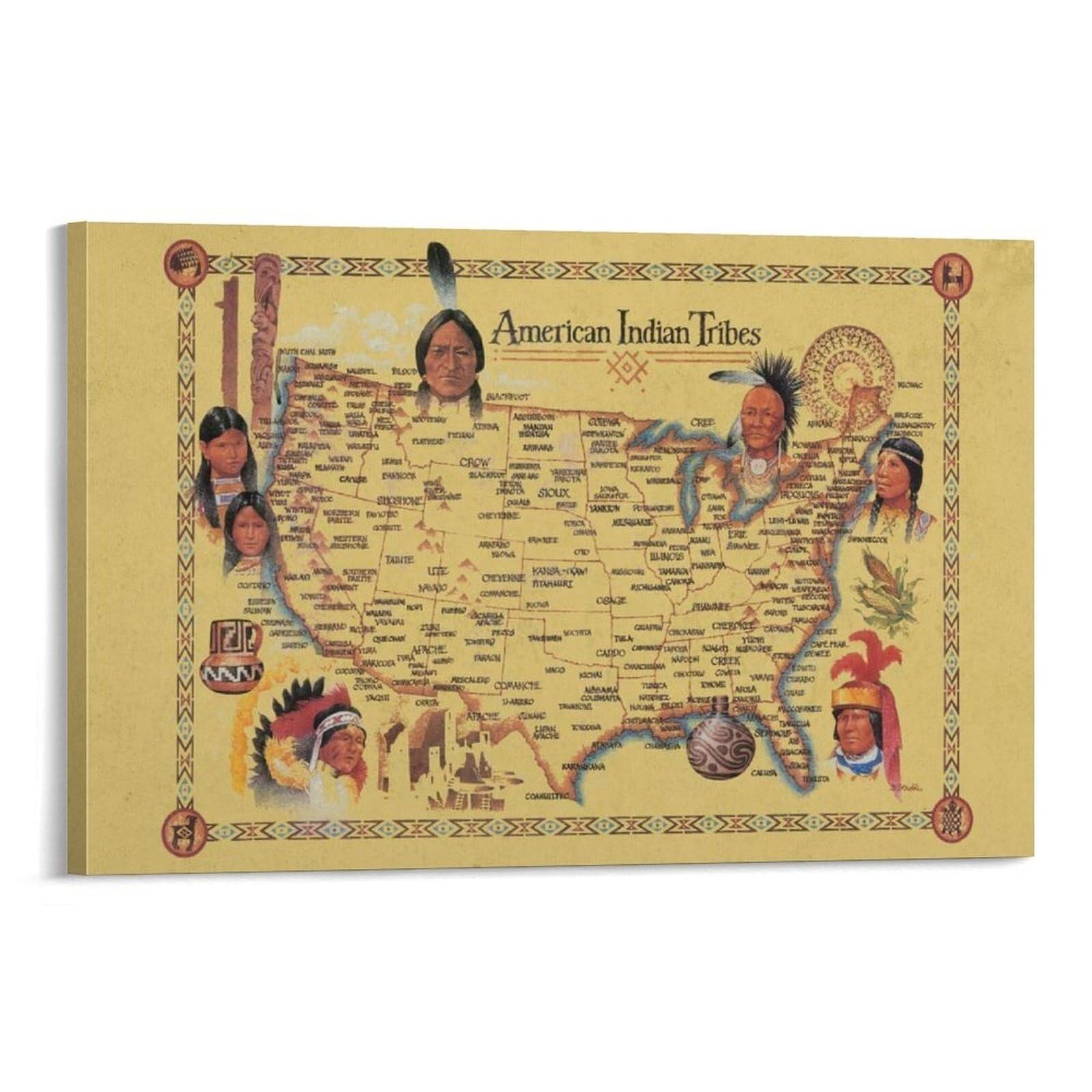SSOPTMCB Vintage Native American History Poster, Map of Tribal Territories Before European, Cultural Wall-Art for Anthropology Enthusiasts(Framed,12x18inch(30x45cm))