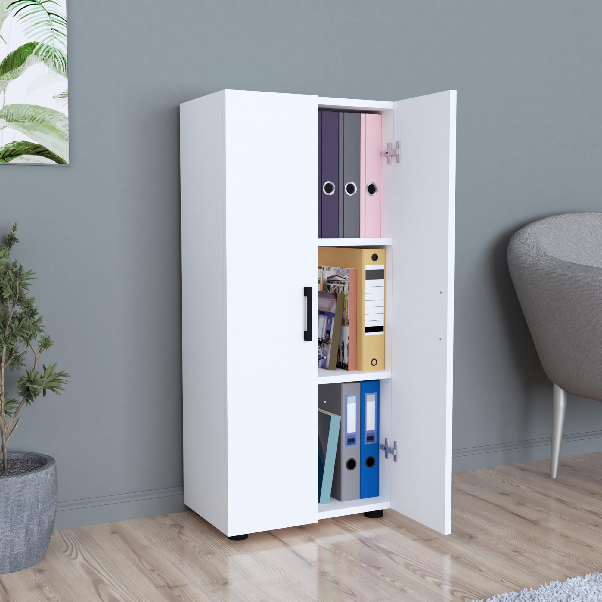 [en.casa] Armario Auxiliar Aparador 2 Puertas con Tiradores y 3 Compartimentos para Dormitorio Cocina Despacho Estable Aglomerado 108 x 49 x 32 cm - Blanco