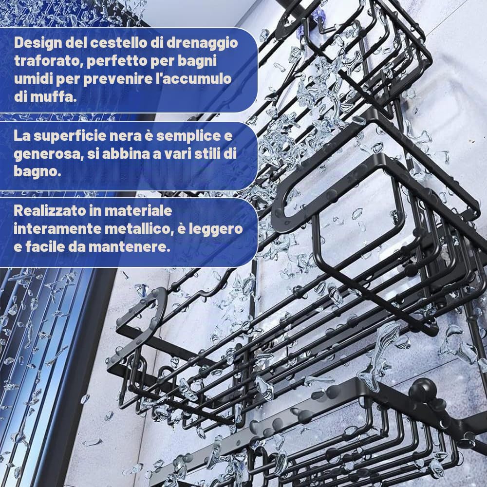 Mensola Doccia da Appendere a 3 Ripiani, Portasapone Doccia Senza Foratura, Portaoggetti da Doccia Sospesa in Metallo, Cestello di Scarico Doccia Appesa, Cestino Pensile da Bagno - Nero