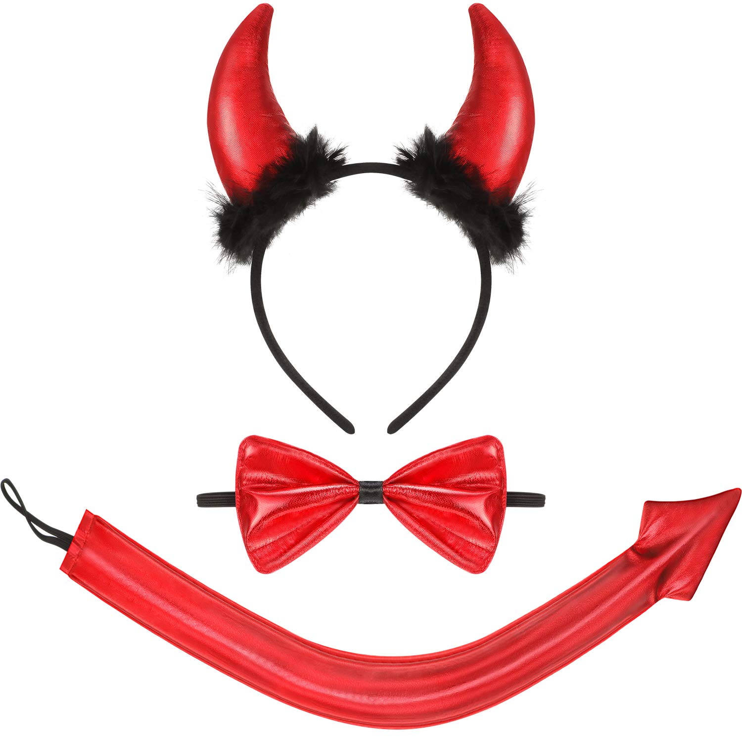 Devil Costume Accessory Set Halloween Devil Accessory Kit Costume for Creative Halloween Supplies Red Halloween Devil Ear Headband Horn Headband, Bow Tie and Tail