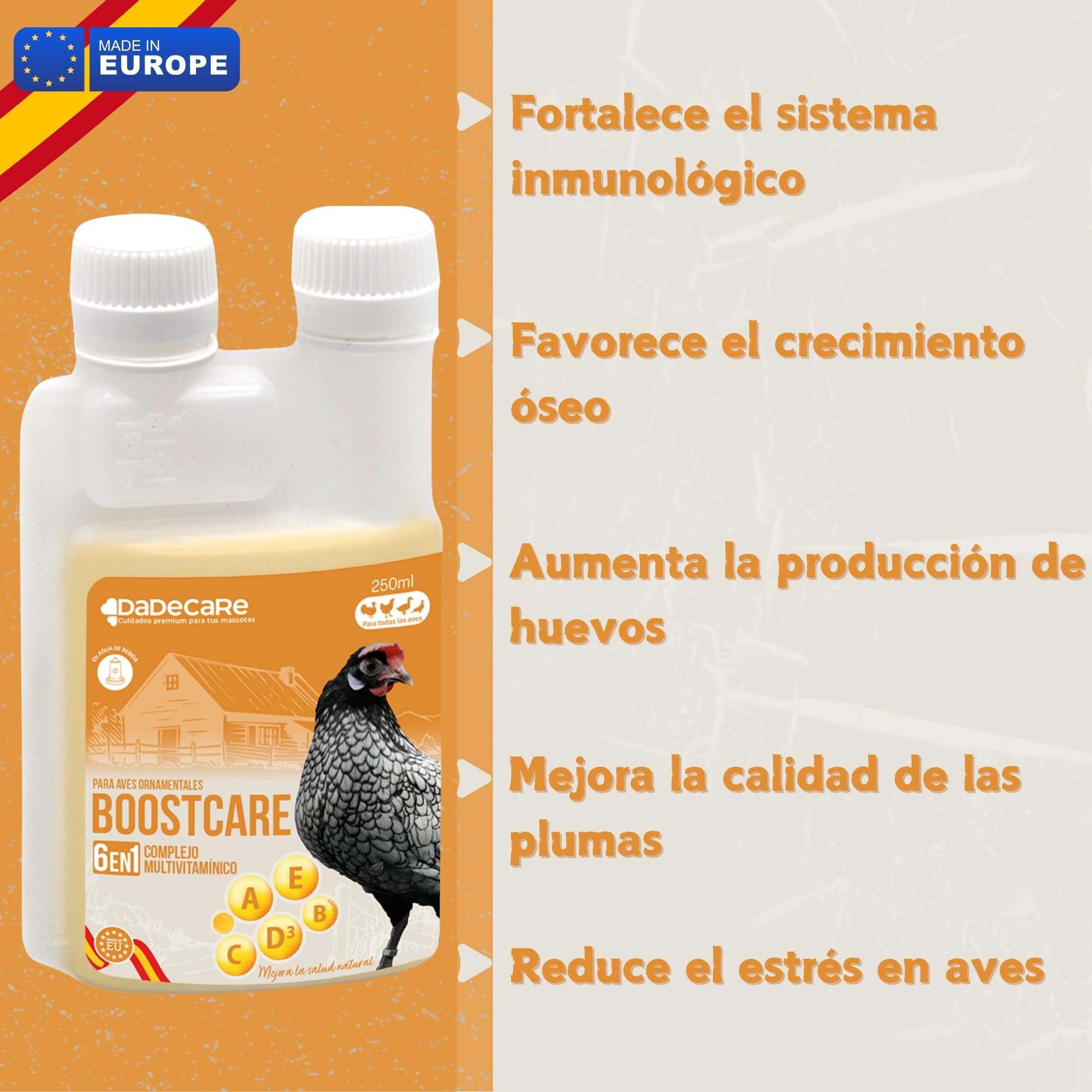Multivitamínico 6 en 1 250ml Aves | Vitaminas A-E-D-C-B| Pienso Complementario para Bebedero Gallinas, Pollos, Palomas, Loros y Periquitos con Dosificador - Boostcare