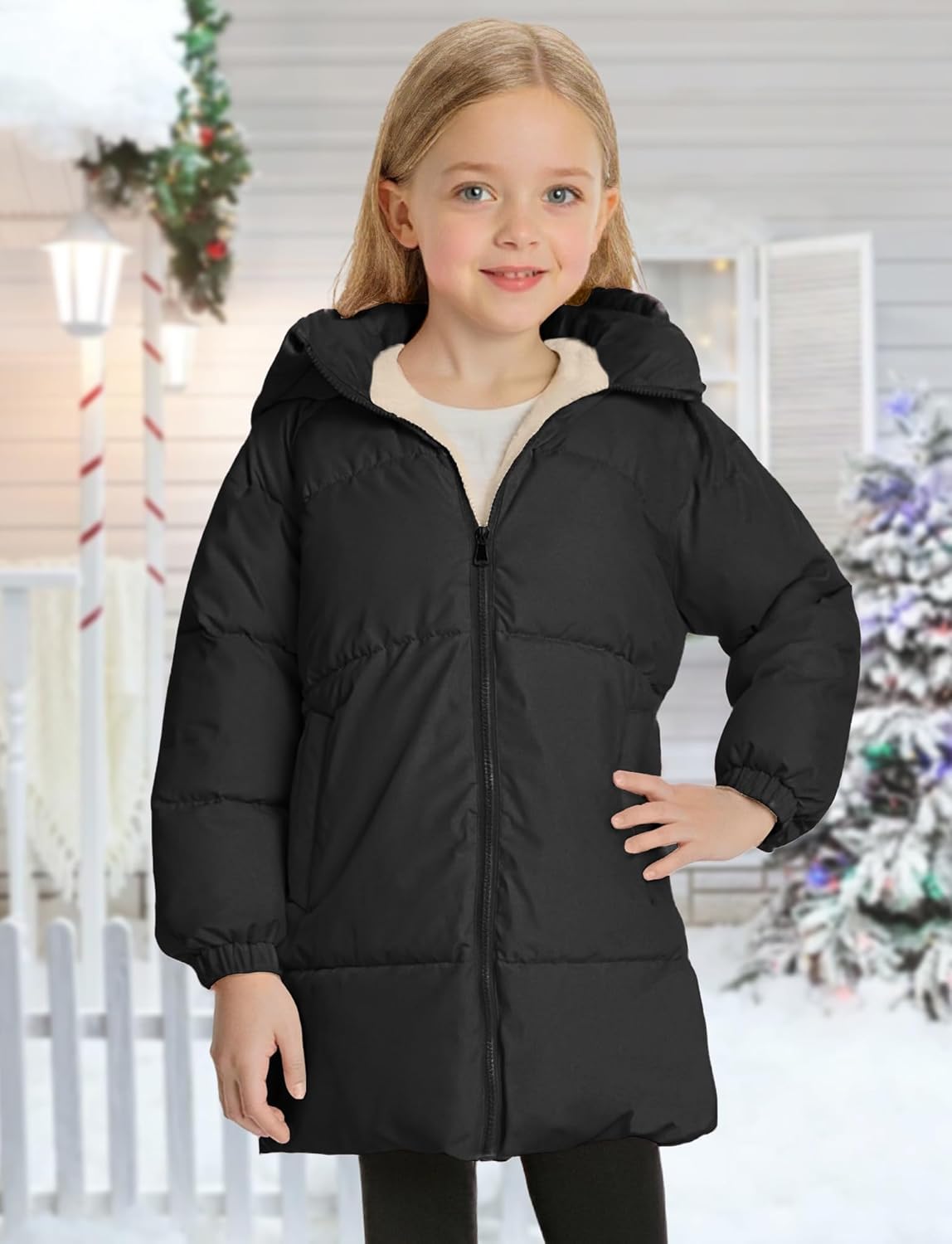 SEAUR Girls Winter Coat Hooded Medium Length Jacket Comfy Down-like Cotton Outwear Black & Pink 5-12T - Image 2