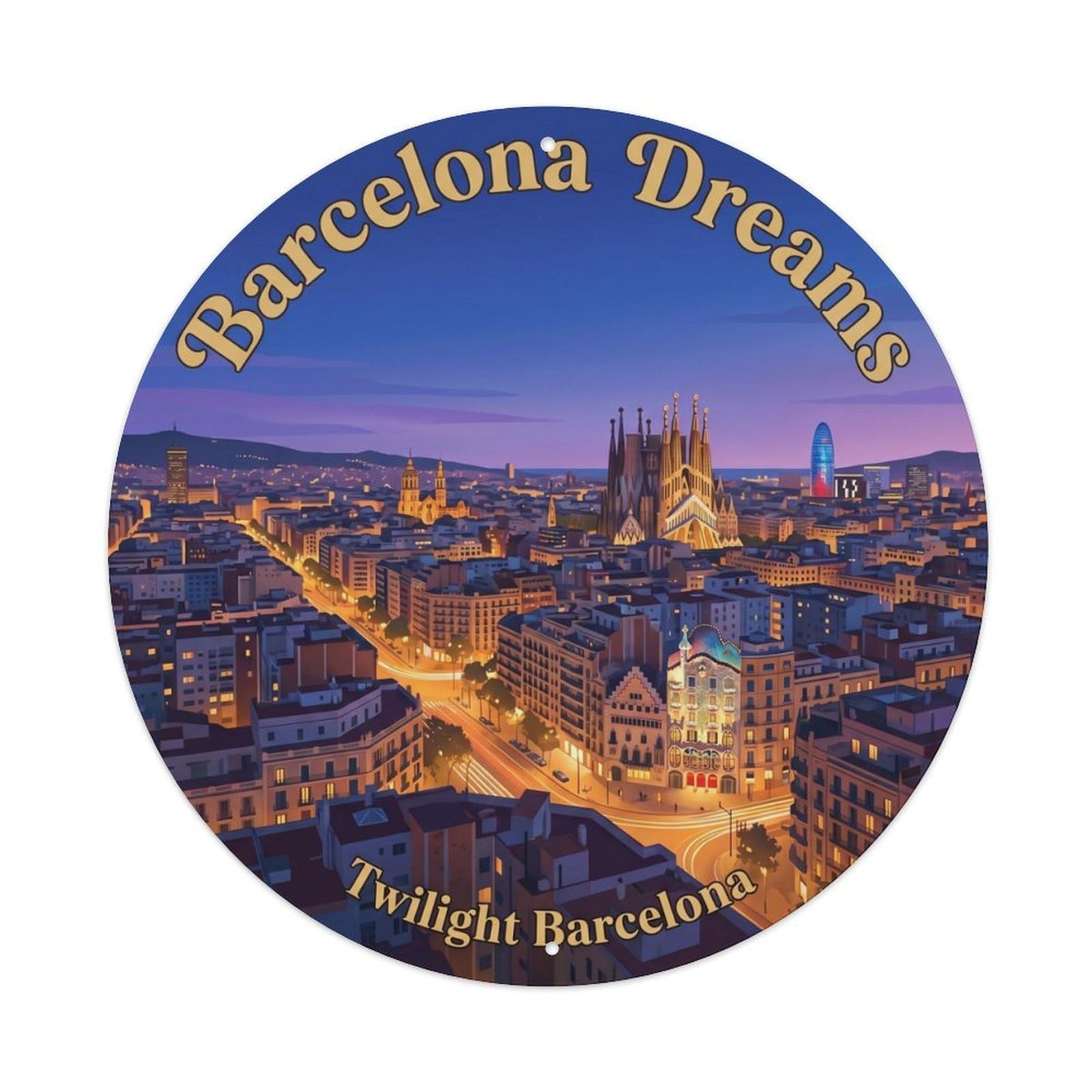 Vintage Travel Barcelona Blue Hour Spanish Destination Metal Tin Sign Plaque Wall Decor for Cafe, Club, Garden Round Metal Poster 8x8Inch