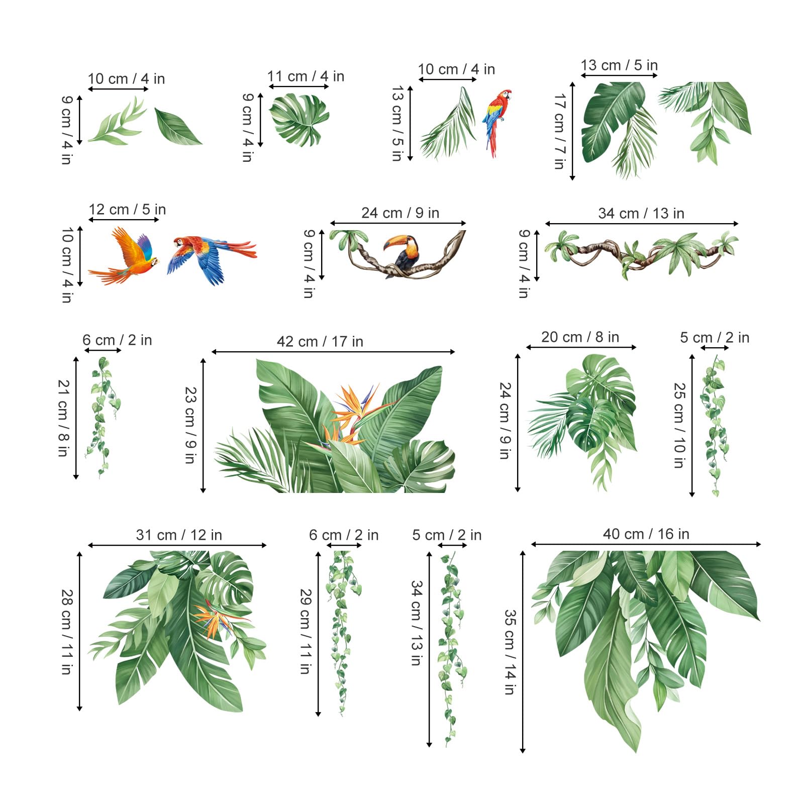 DECOWALL SG-2210 Tropische Bladeren Muurstickers Muurtattoo Kids Nursery Peel en Stick Woonkamer Keuken Bloemen Bos Plant Jungle Art Home Groene Boom