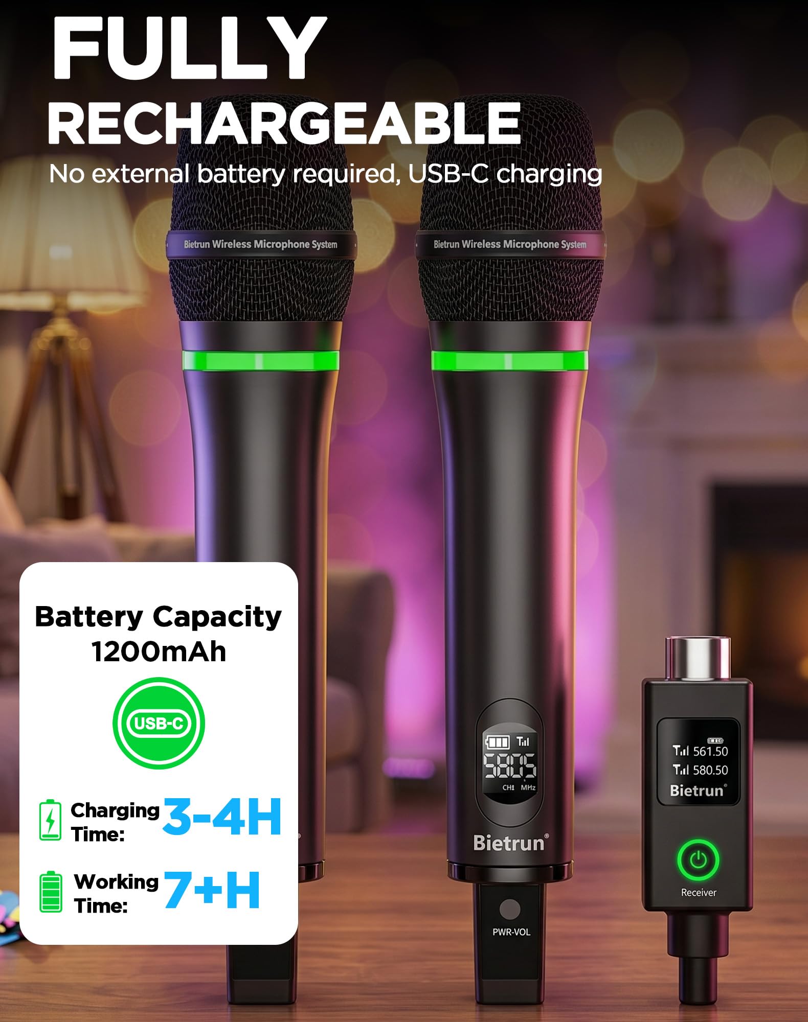 Bietrun XLR-Funkmikrofon, wiederaufladbares, kabelloses Dual-Metall-Handmikrofon für Mischpult, Audioschnittstelle, PA-Verstärkersystem, Kirche, Gesang, Karaoke (UHF 240 FT Reichweite) (mit 6,35-Adapt