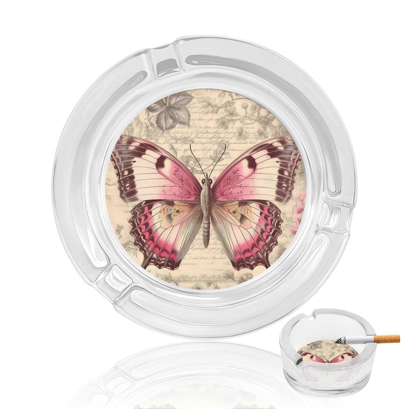 Vintage-butterfly-old-paper-junk-journal-digital-pa Glass Ashtray 3.3 Inch Round Cigarette Ash Holder with 4 Grooves for Home Office Outdoor One Size
