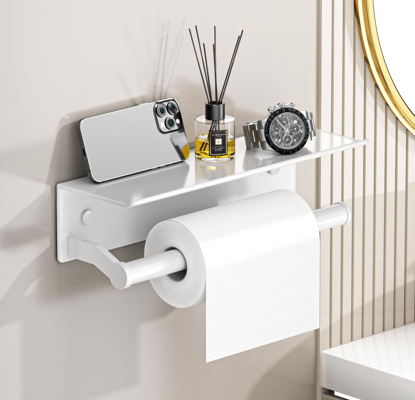 Dr.DJ Paper Towel Holder Wall Mount with Shelf for Bathroom, Matte White Adhesive Hand Towel Holder for Bathroom Kitchen RV White