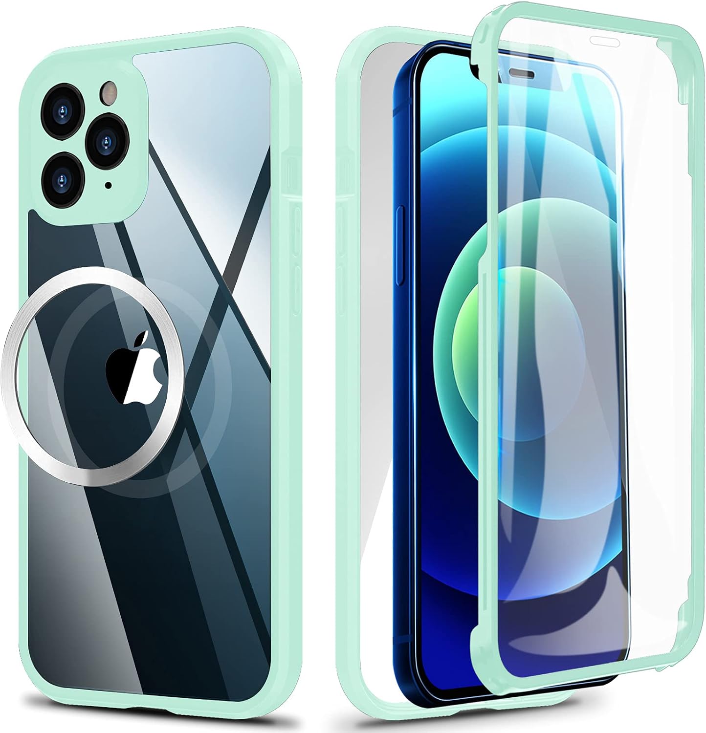 Full Body Case Designed for iPhone 12 Pro Max, Double Sided Buckle/Tempered Glass Case with Built-in Screen Protector, Shockproof Bumper Case for iPhone 12 Pro Max 6.7" Support Magsafe Charge - Mint