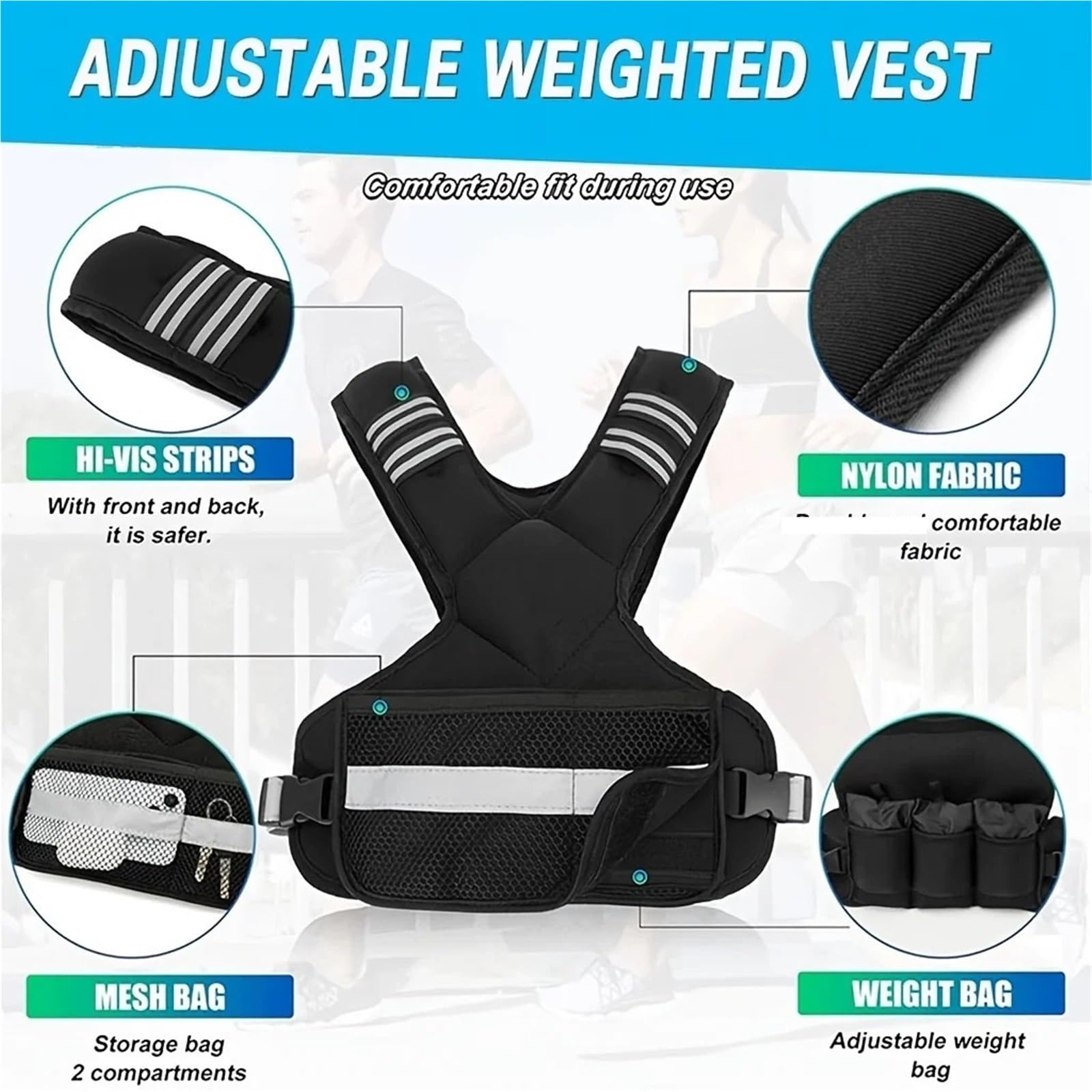 Chaleco con pesas ajustable de 4 a 10 libras, 6 y tiras reflectantes for entrenamiento fuerza para gimnasio