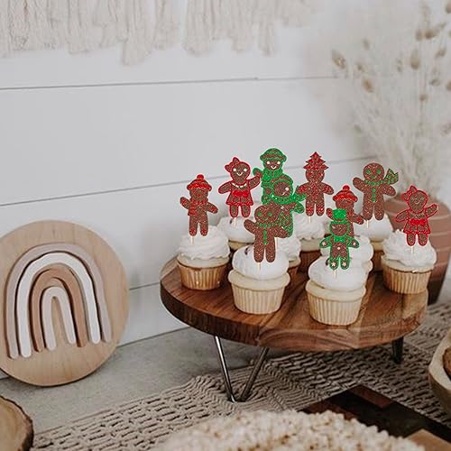 Miniatura 7 de Paquete de 24 adornos para cupcakes de jengibre para revelación de género, con purpurina, Navidad, pan de jengibre, para hombre, niño o niña, para