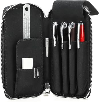 CONTACTS Full Grain Leather Pencil Case Handmade Vintage Zipper Pen Holder Pouch with Card Slot Pens Organizer Pockets Stationery Bag for Men and Women Black