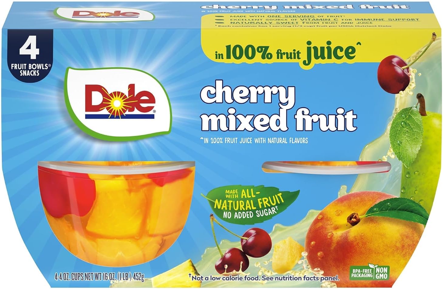 Cherry Mixed Fruit in 100% Juice - Dole Fruit Bowls Snacks - 4 oz Fruit Bowls - 4 Pack