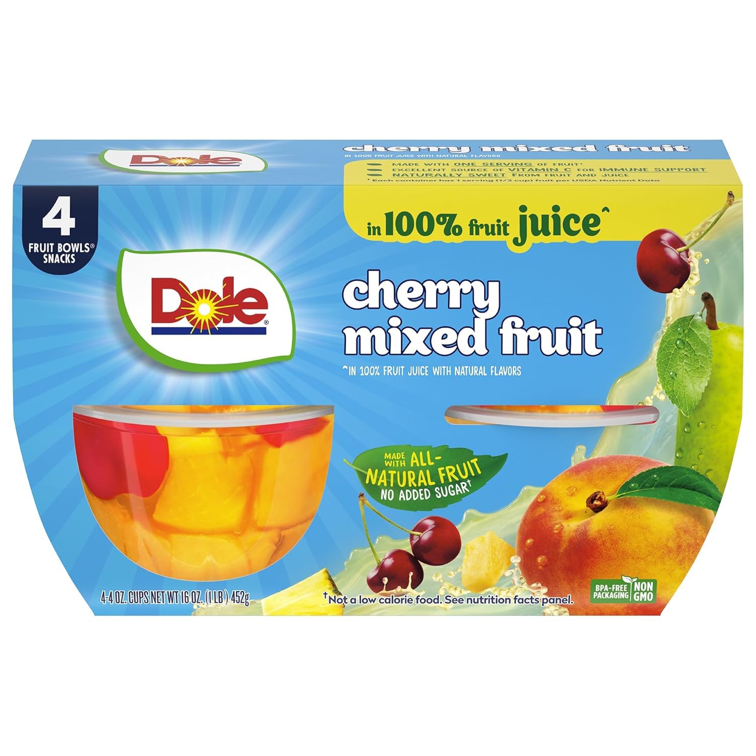 Dole Cherry Mixed Fruit in 100% Juice - Dole Fruit Bowls Snacks - 4 oz Fruit Bowls - 4 Pack